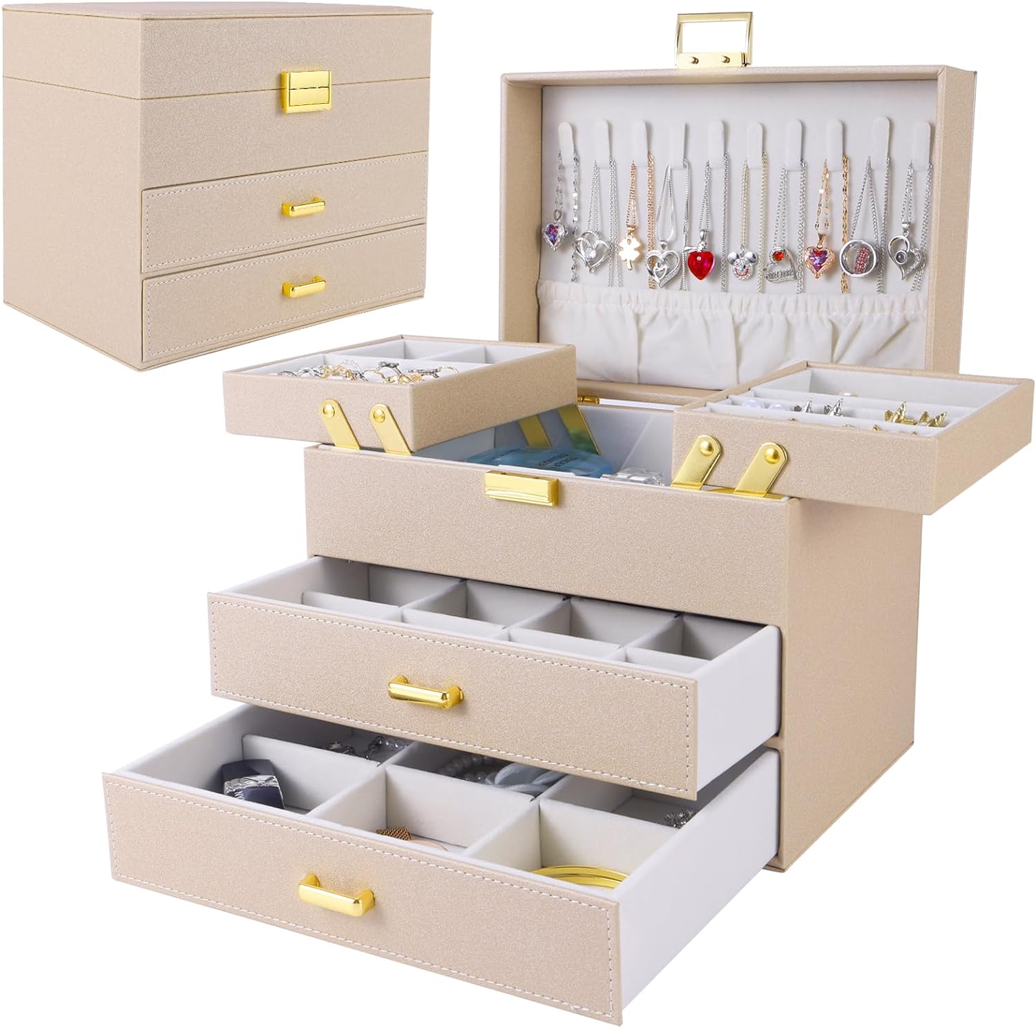 Jewelry Organizer Box for Women Girls, Jewelry Holder Organizer, 4 Layers Leather Jewelry Box