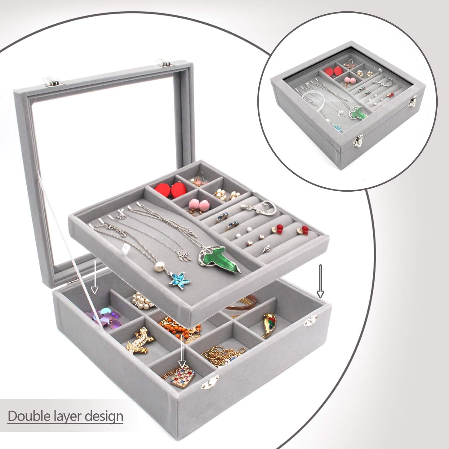 Jewelry Box with Glass Lid Two-Layer Jewelry Box Organizer Display Storage case