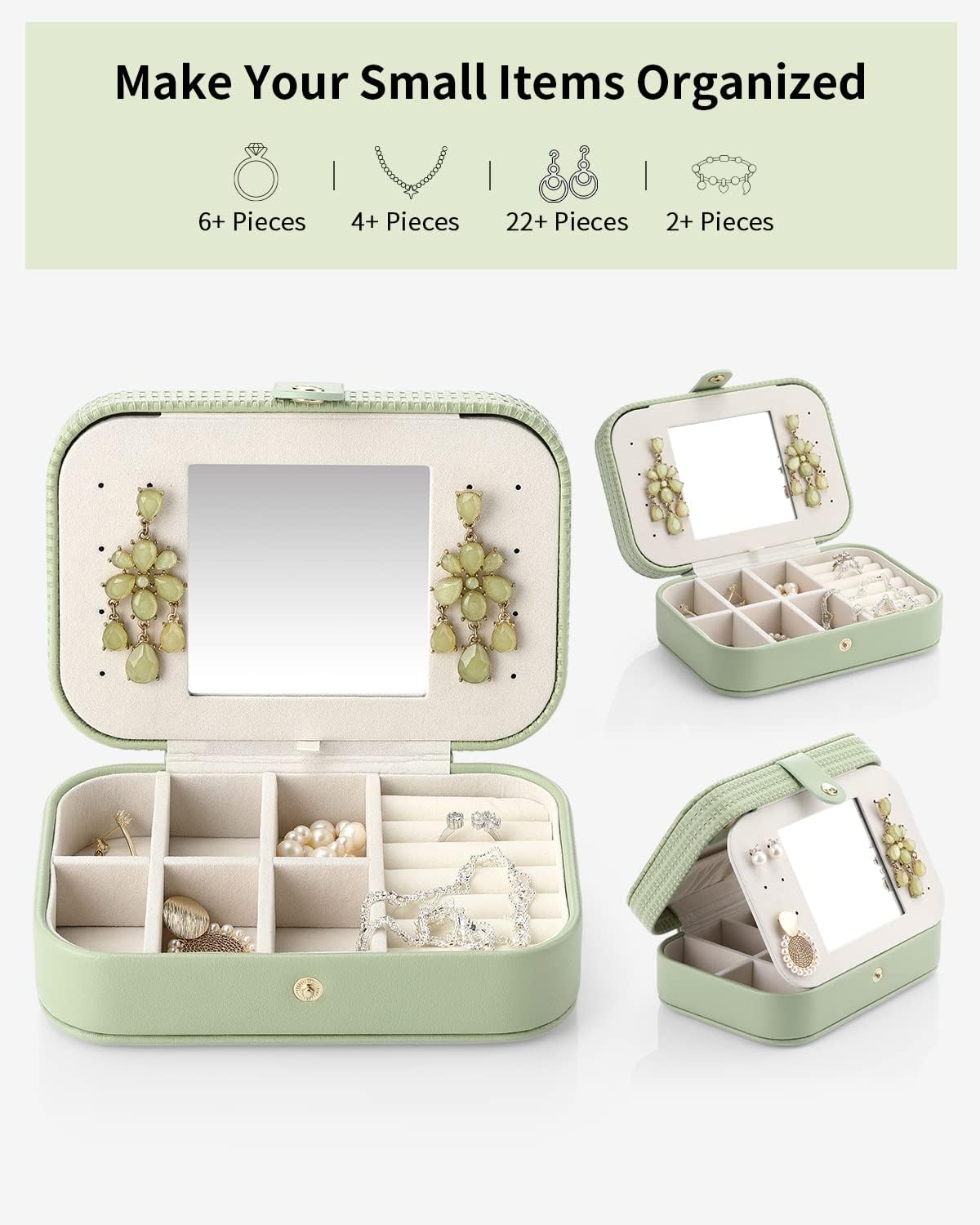 Travel Jewelry Case Box Women PU Leather 2 Layer Jewelry Organizer Holder for Necklace Earring Rings-Green