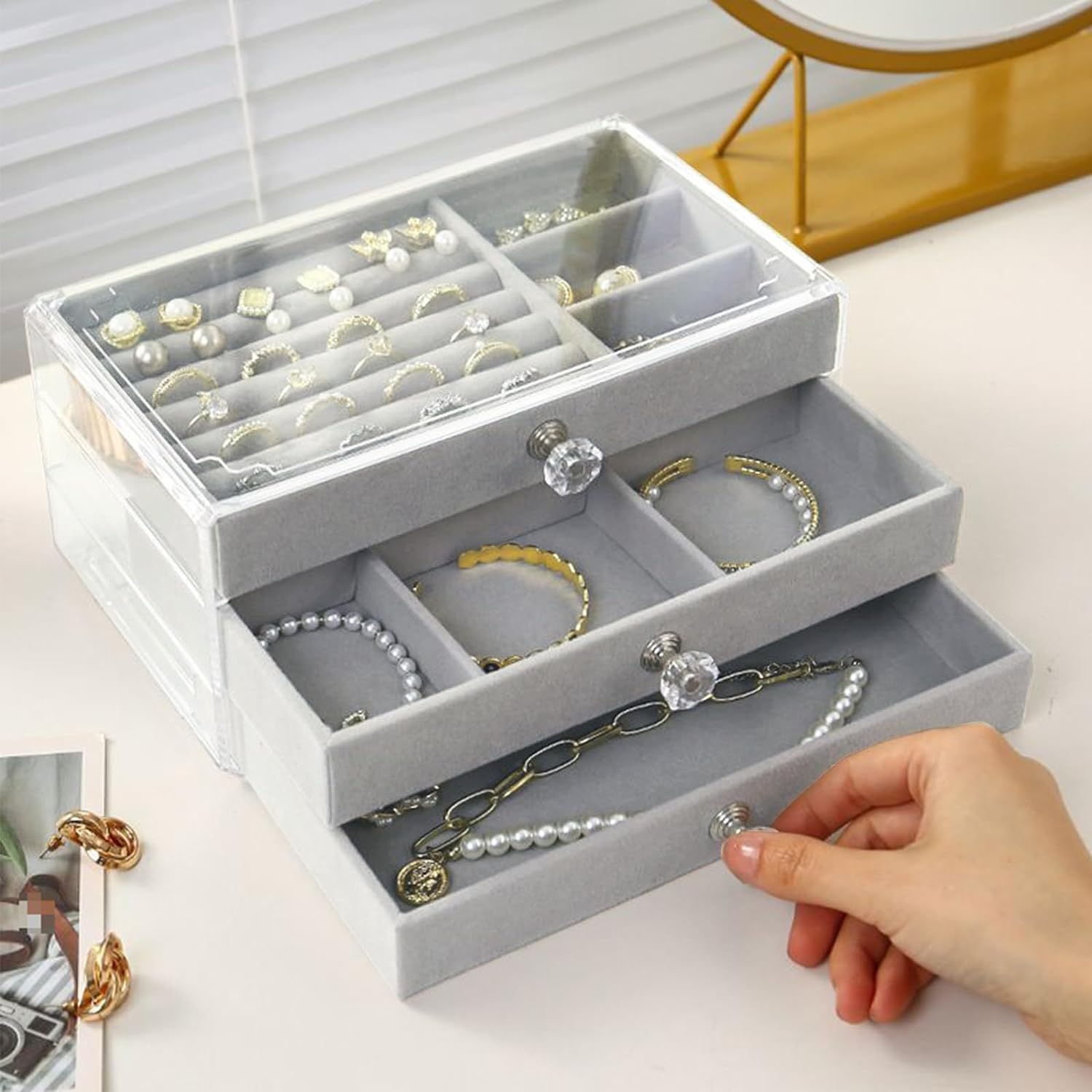 Jewelry Organizer Box with 3 Drawers, Acrylic Stackable Jewelry Holder with Adjustable Velvet Trays