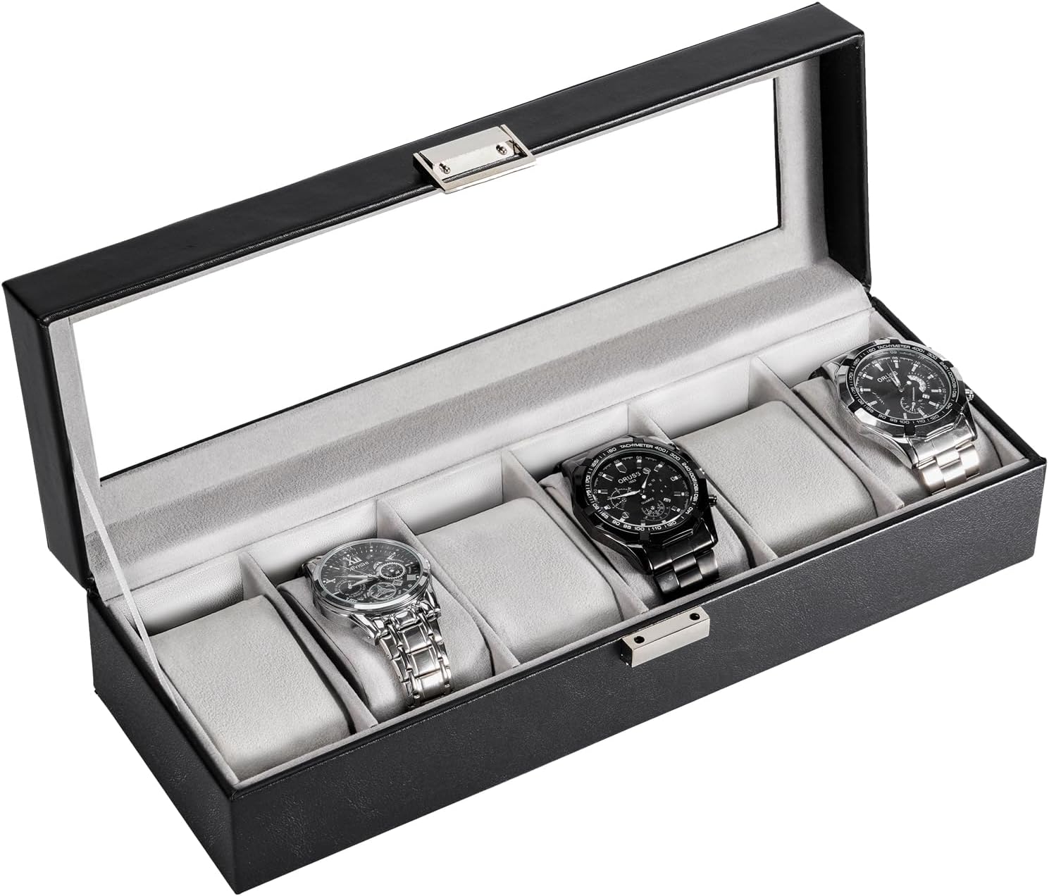 Watch Box for Men, 6 Slot Watch Display Case Mens Watch Box Organizer, PU Leather Watch Cases for Men Watch Storage, Valentines Gift Watch Holder Organizer with Glass Lid -6 Slot,