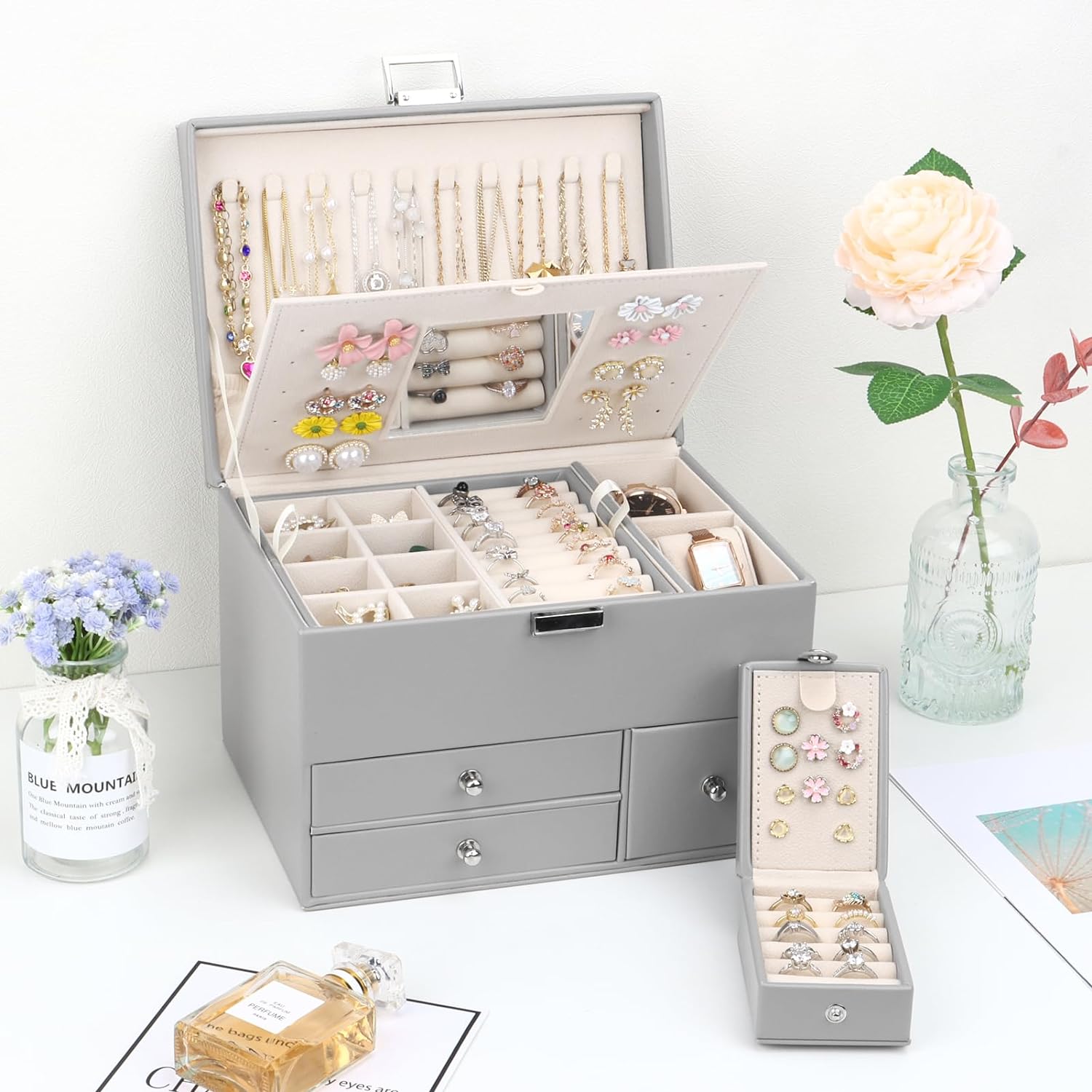 Jewelry Organizer Box, 3 Layers Large Jewelry Box with Travel Jewelry Case And Removable Tray