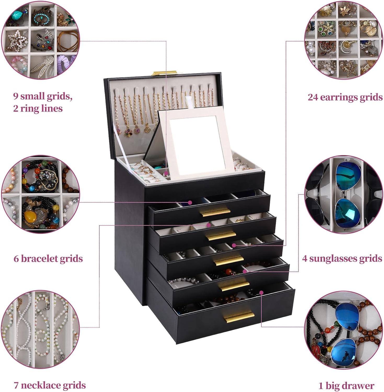 Large Jewelry Box Organizer - 6 Layer Jewelry Holder Organizer with Mirror