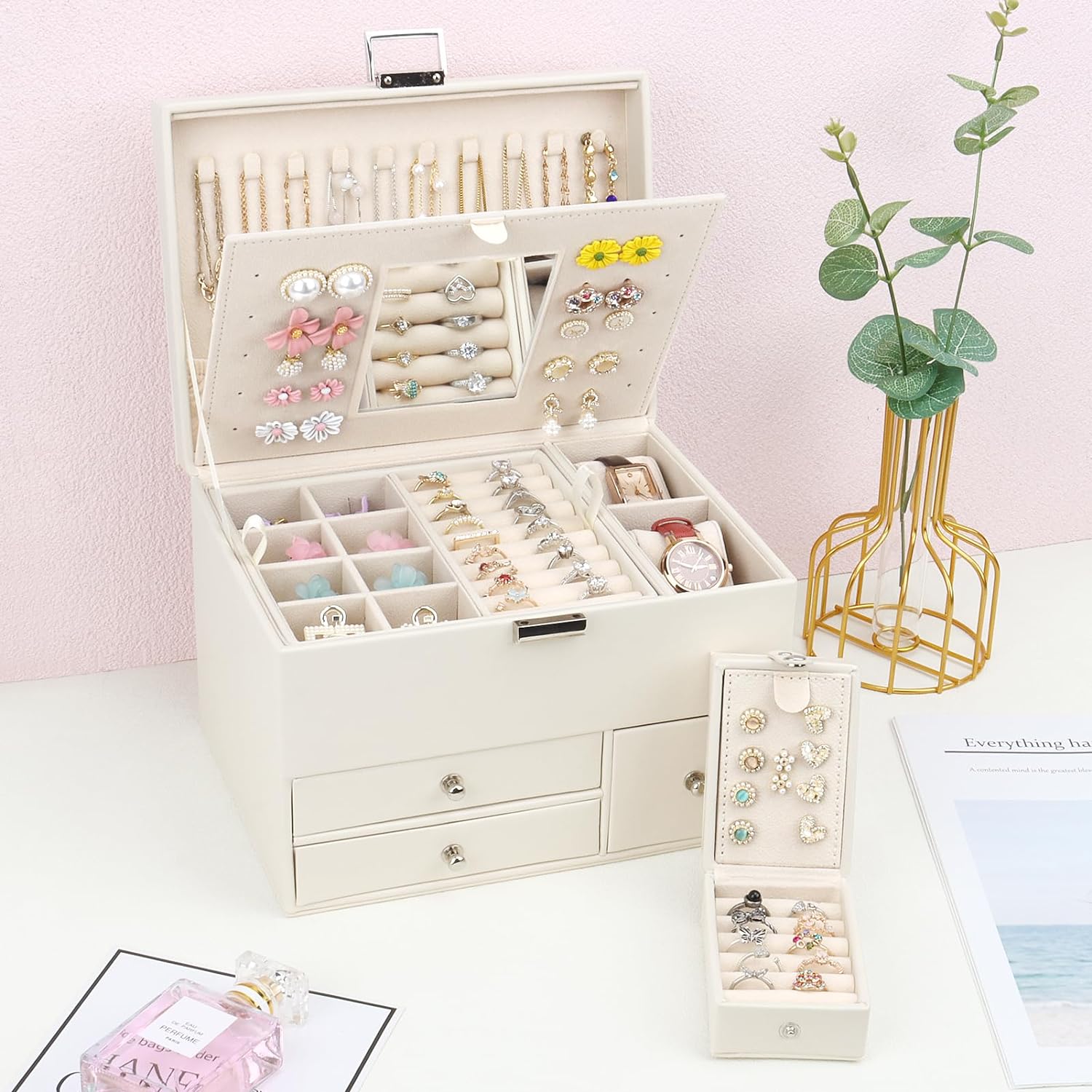 Jewelry Organizer Box, 3 Layers Large Jewelry Box with Travel Jewelry Case And Removable Tray