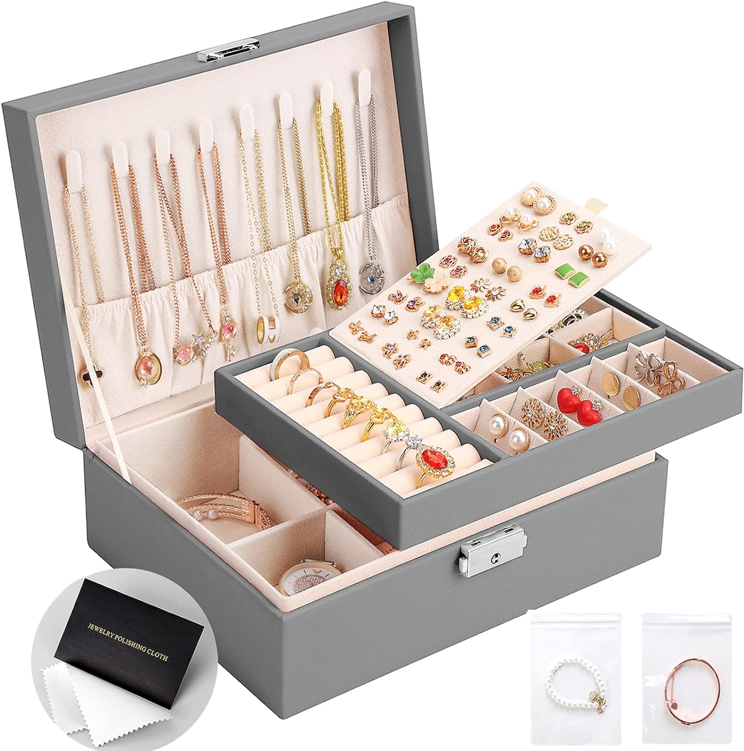 Leather Jewelry Box  Gift Earring Organizer Double Layers Jewelry Case Removable Tray for Necklace Earring Ring