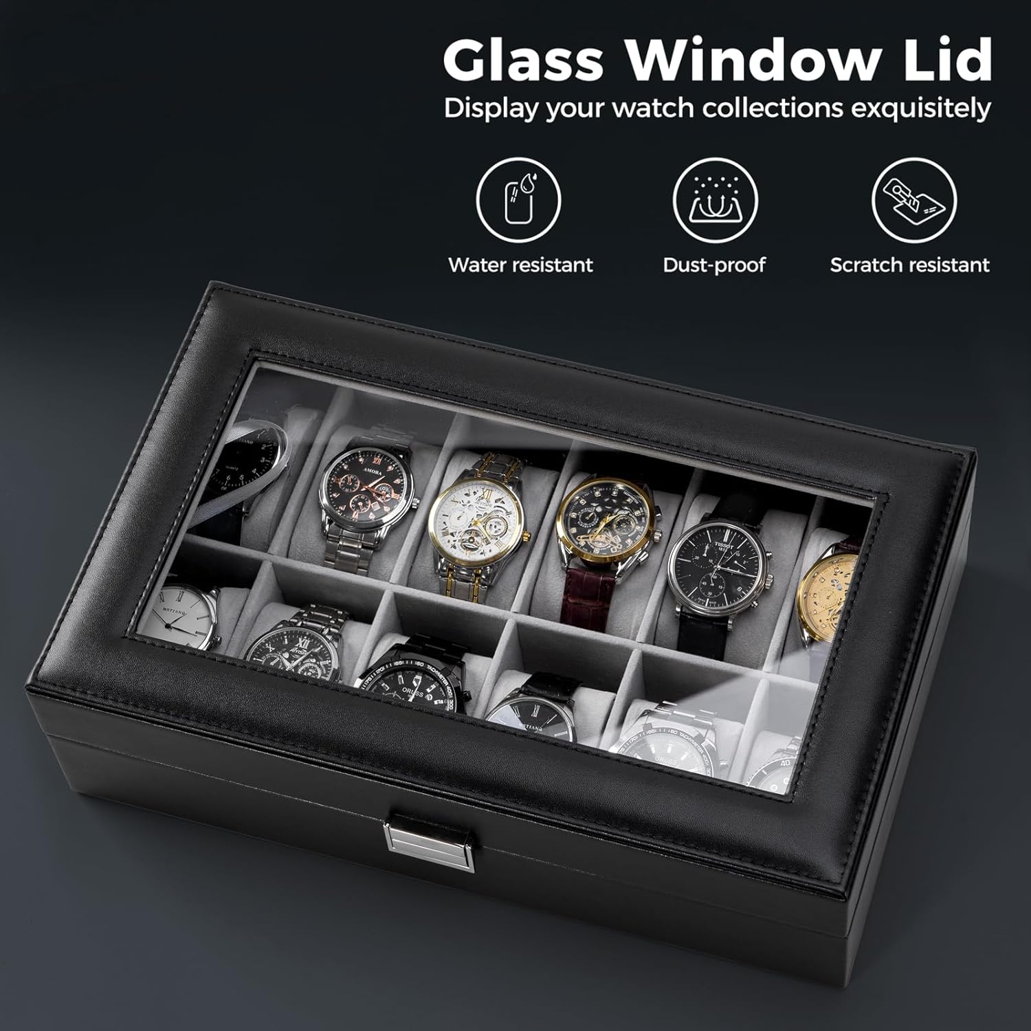 Watch Box for Men, 6 Slot Watch Display Case Mens Watch Box Organizer, PU Leather Watch Cases for Men Watch Storage, Valentines Gift Watch Holder Organizer with Glass Lid -6 Slot,