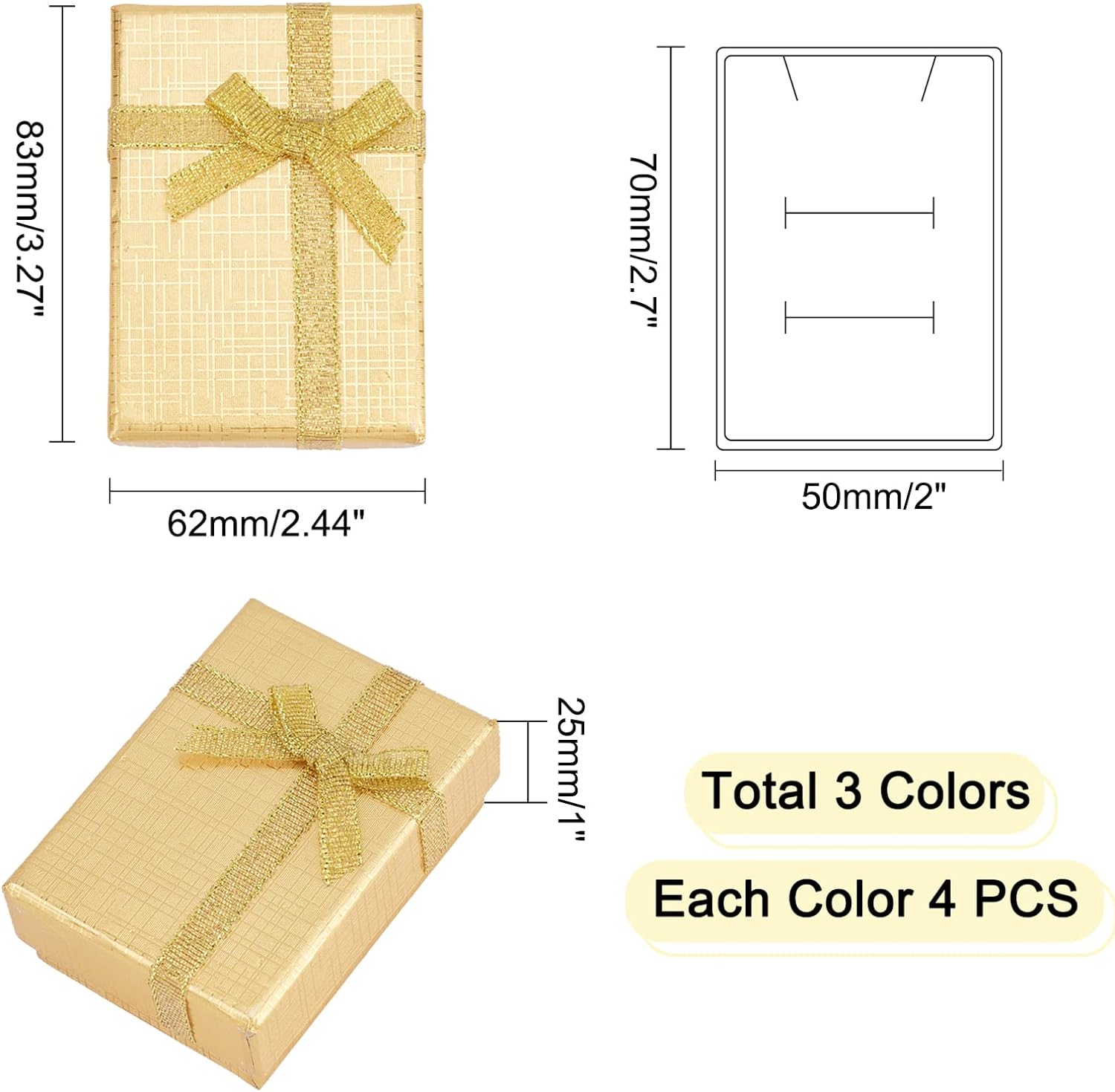 Jewelry Gift Box Set 12Pcs 2.7x2x1 Inch Cardboard Paper Jewelry Boxes Gift Cases with Ribbon Bowknot for Earring Jewelry Rings Pendant Necklaces Bracelet Packaging Box Golden Silver Black