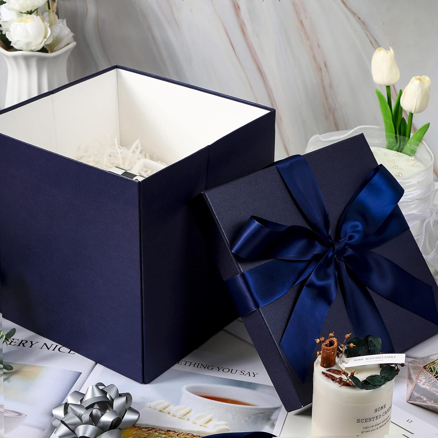 Medium Birthday Gift Box with Lids, Ribbon and Tissue Paper, Collapsible Gift Box - 1 Pcs, 10x10x10 Inches, White