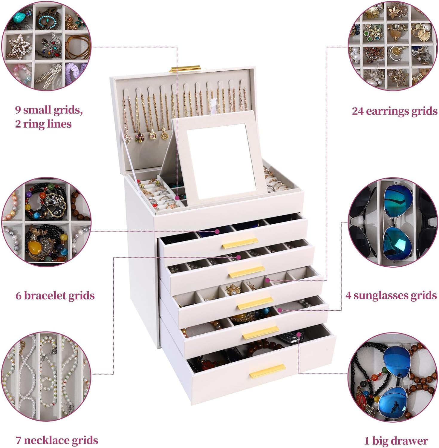 Large Jewelry Box Organizer - 6 Layer Jewelry Holder Organizer with Mirror