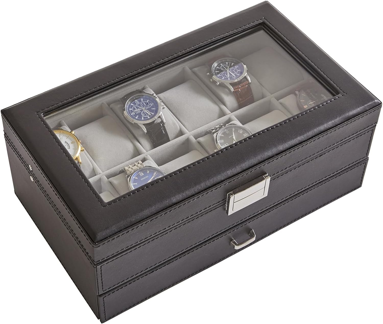 Watch Box 12 Slots PU Leather Watch Case for Men - Jewelry Display Drawer Case with Glass Top,Smooth Velvet Lining