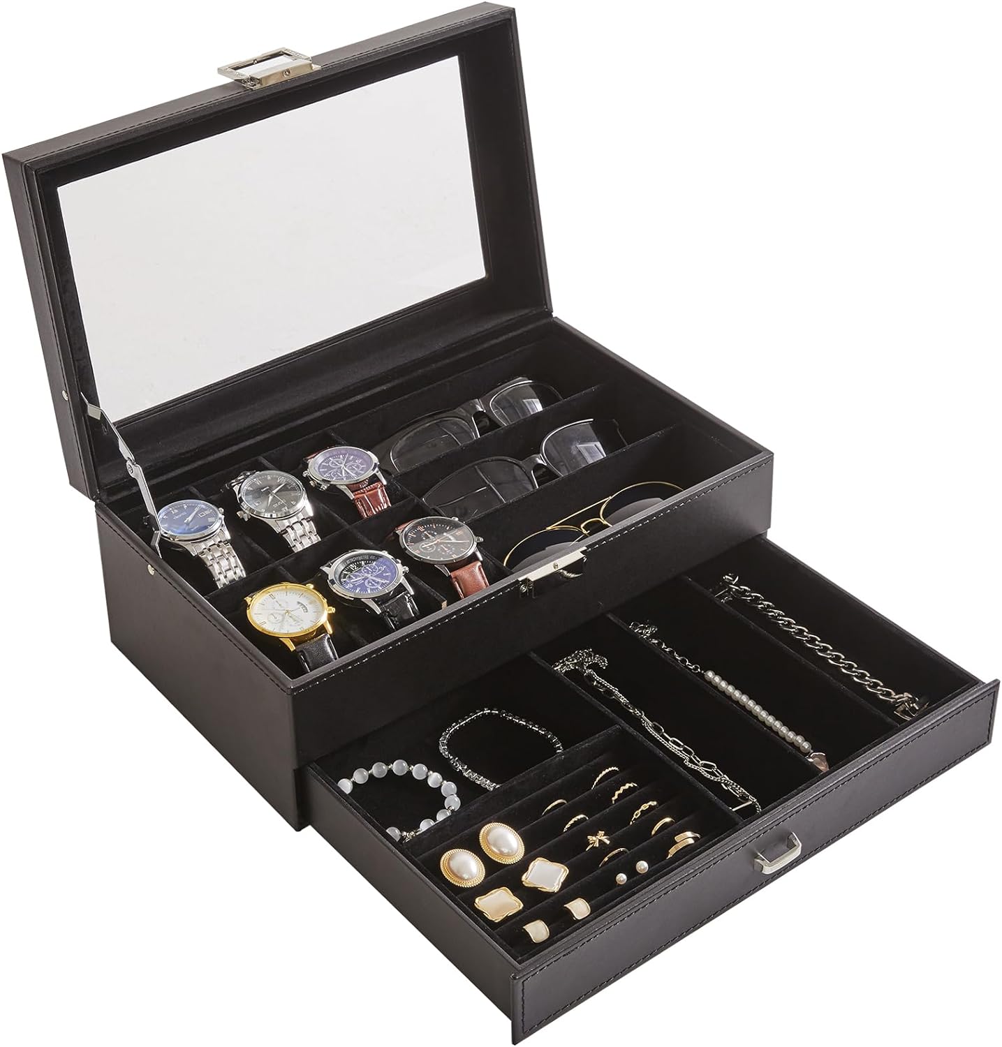 Watch Box 12 Slots PU Leather Watch Case for Men - Jewelry Display Drawer Case with Glass Top,Smooth Velvet Lining