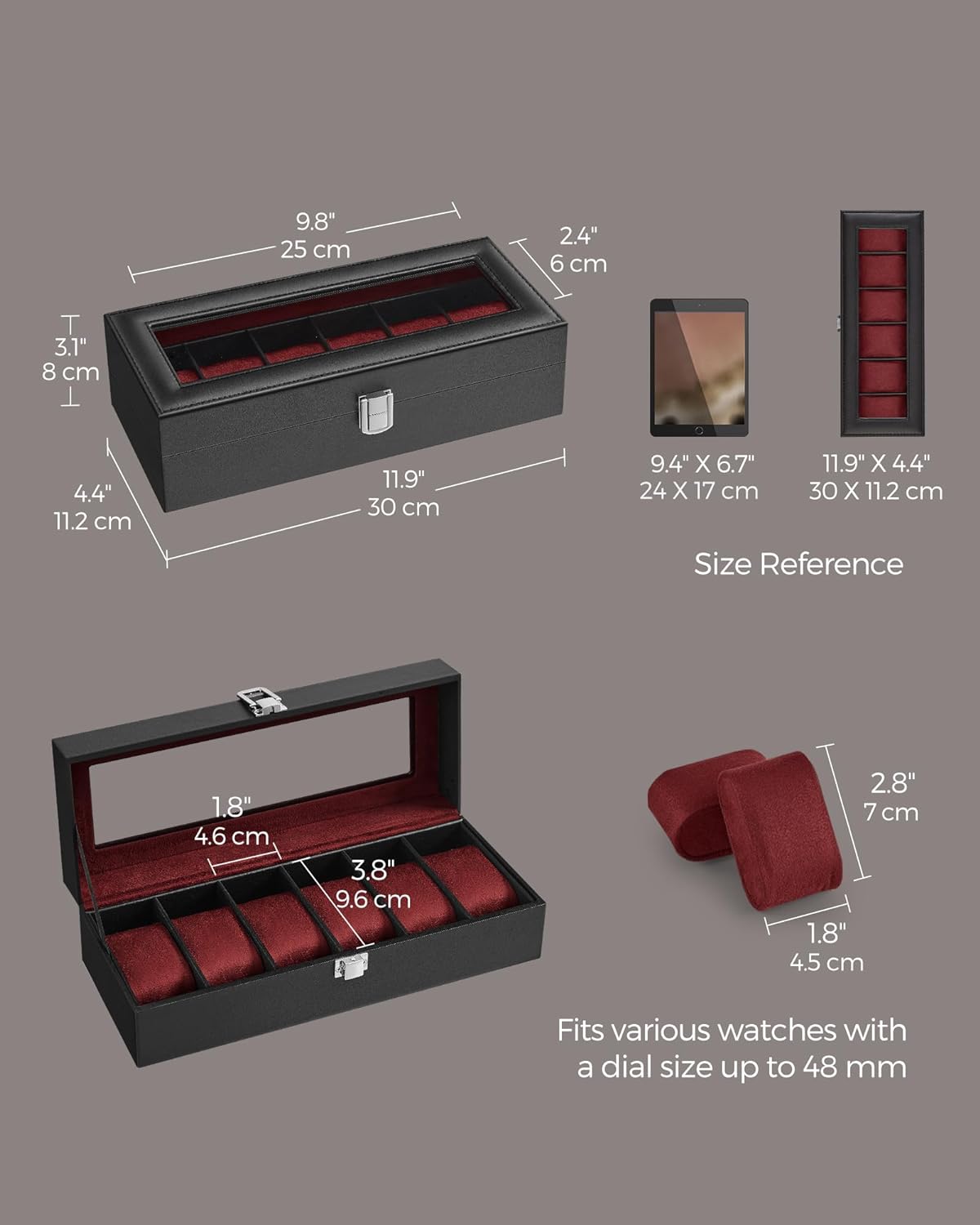 12-Slot Black Synthetic Leather Watch Box with Large Glass Lid and Removable Watch Pillows