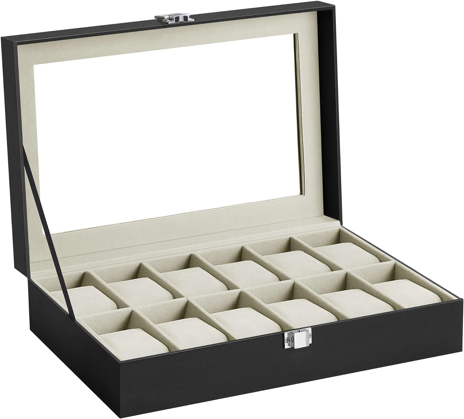 12-Slot Black Synthetic Leather Watch Box with Large Glass Lid and Removable Watch Pillows