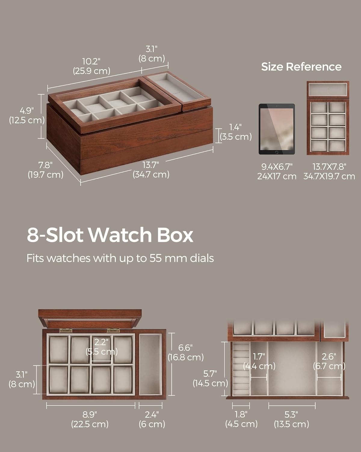 8-Slot Wooden Watch Box with Solid Wood Veneer, 2-Tier Watch Display Case with Transparent Window, Removable Watch Pillows, Velvet Lining, Gift Idea