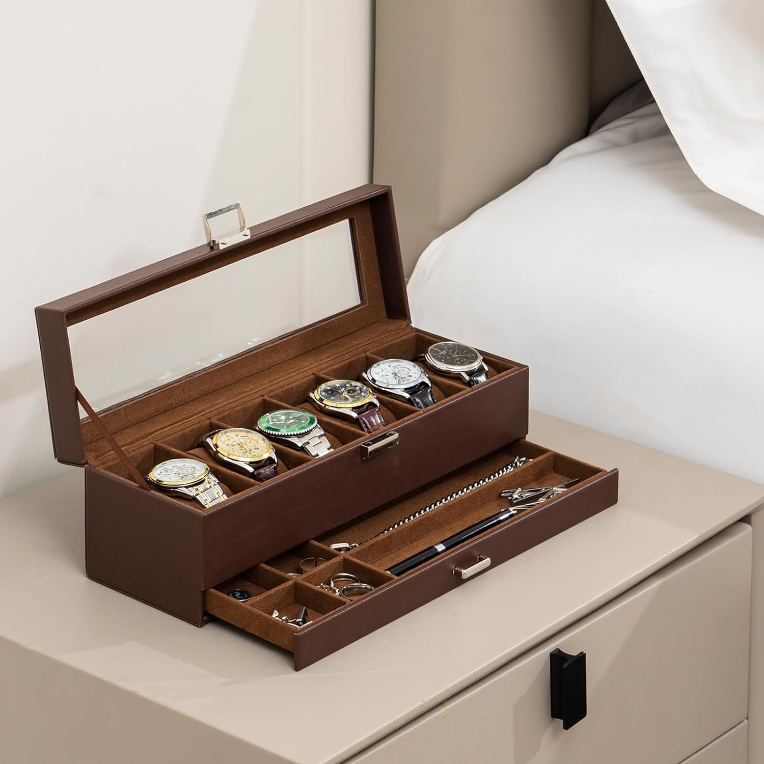 6 Slot Watch Display Case with Drawer, layer Jewelry and Watch Storage Case