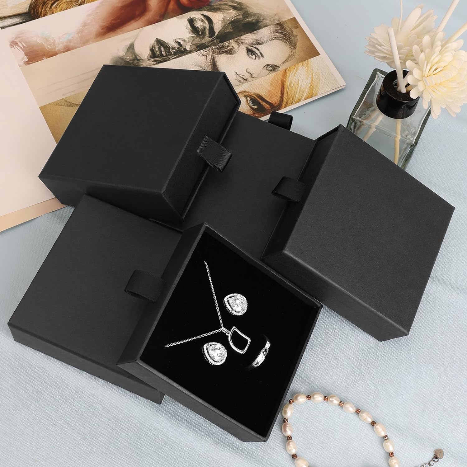 Jewelry Gift Boxes,  3.5×3.5x1Inch Cardboard Jewelry Boxes, Bulk Small Jewelry Boxes with Lids for Necklace Ring Earring Display Box (Black)