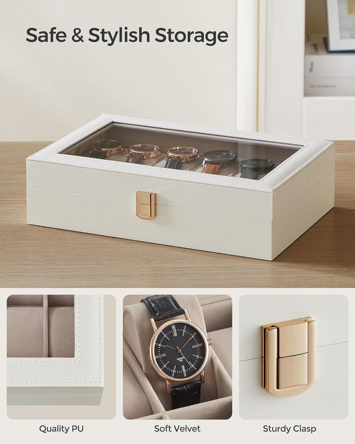 12-Slot Black Synthetic Leather Watch Box with Large Glass Lid and Removable Watch Pillows