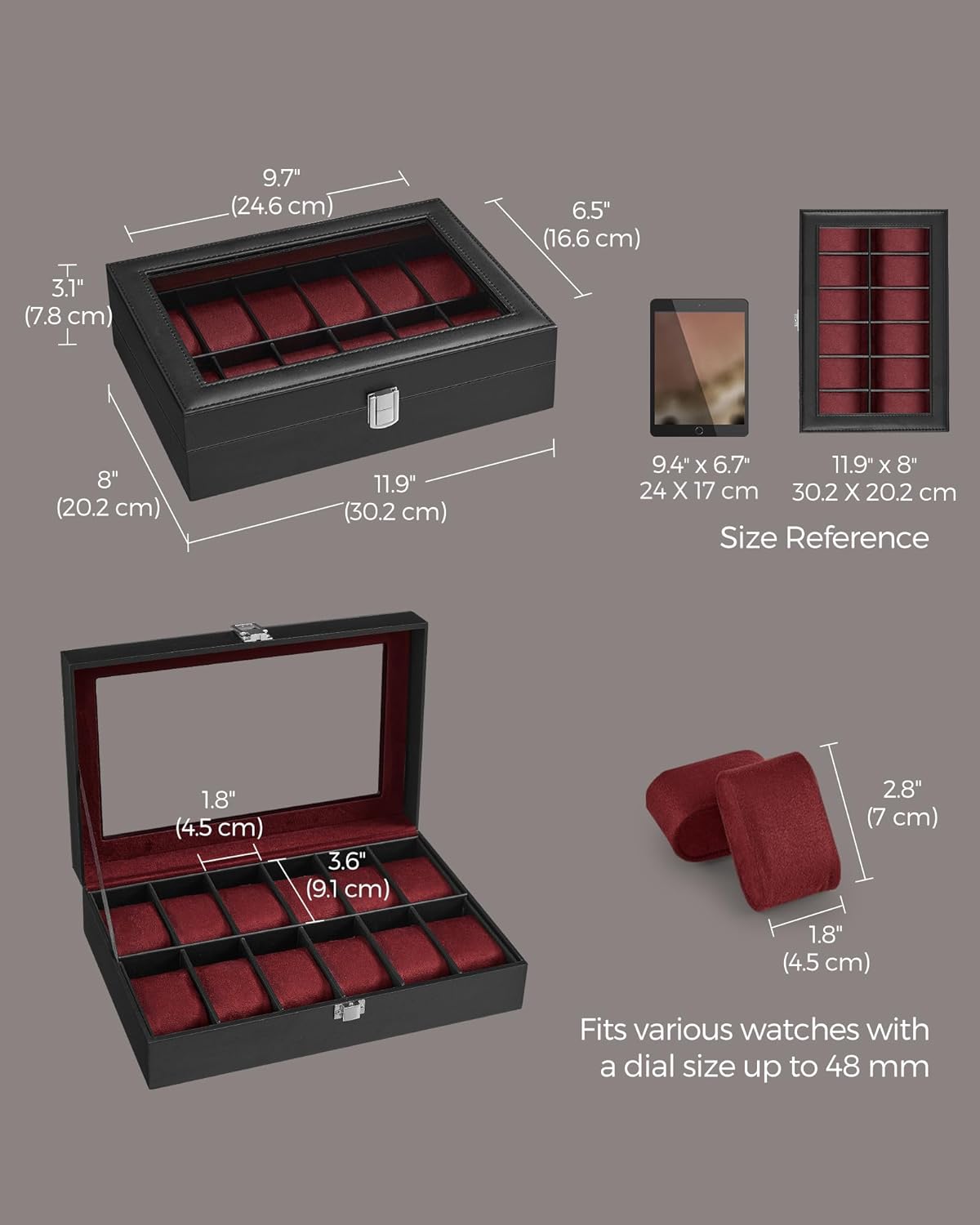 12-Slot Black Synthetic Leather Watch Box with Large Glass Lid and Removable Watch Pillows