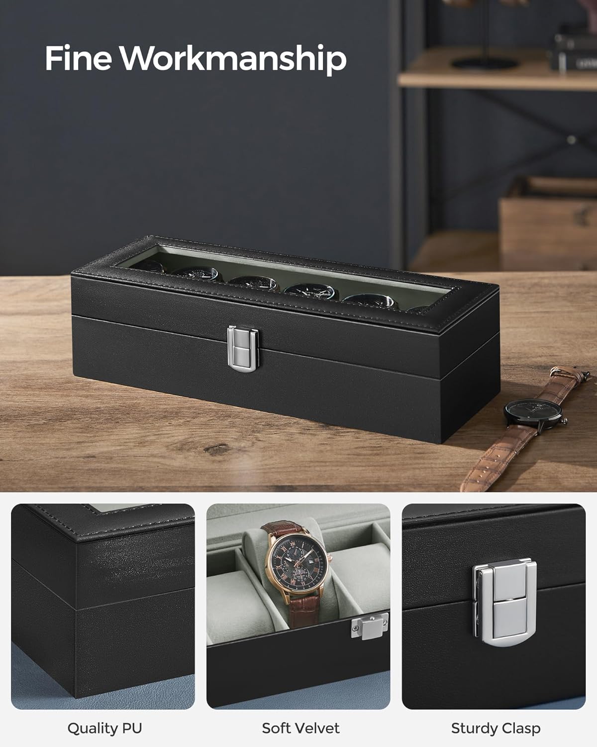 12-Slot Black Synthetic Leather Watch Box with Large Glass Lid and Removable Watch Pillows