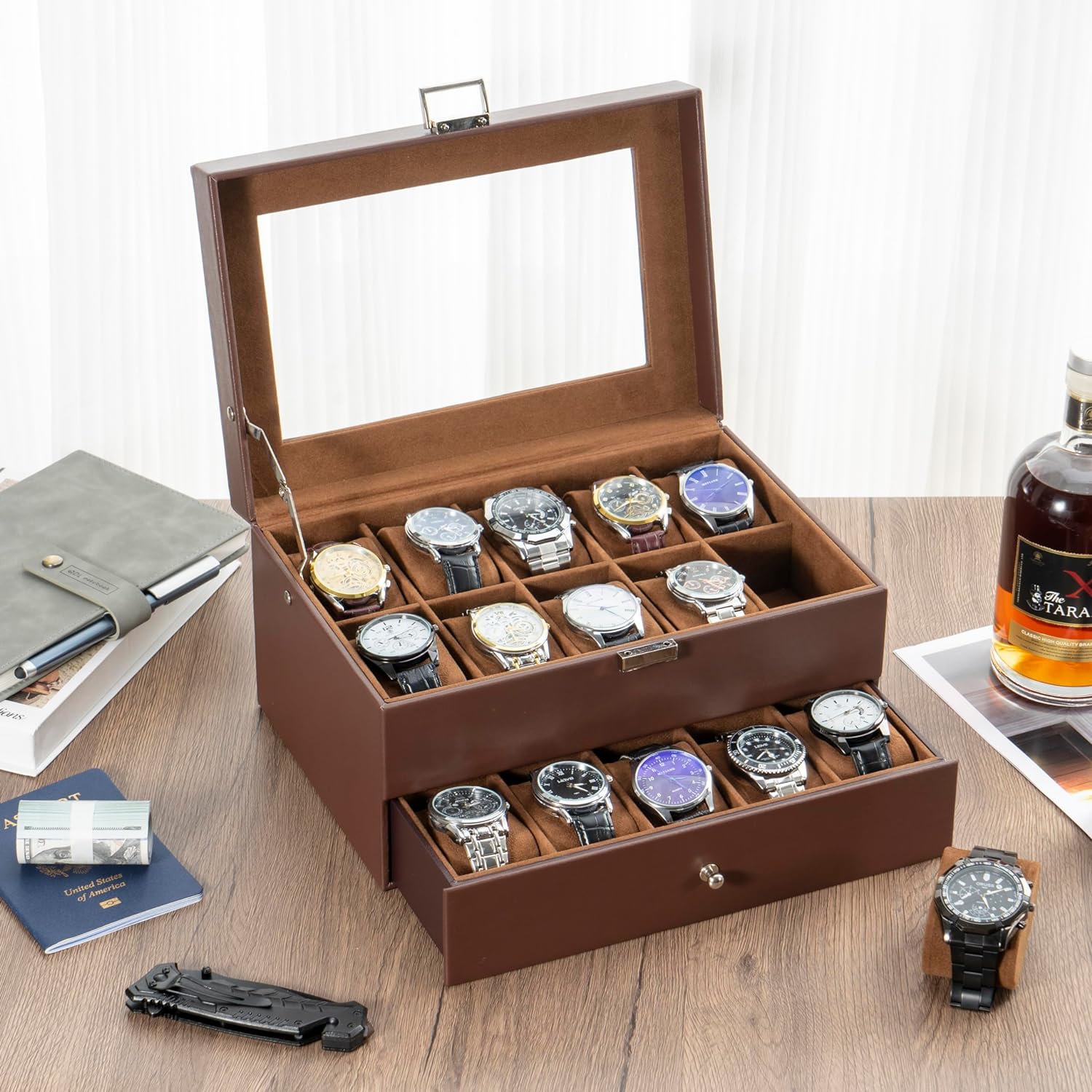 Watch Box for Men, 6 Slot Watch Display Case Mens Watch Box Organizer, PU Leather Watch Cases for Men Watch Storage, Valentines Gift Watch Holder Organizer with Glass Lid -6 Slot,