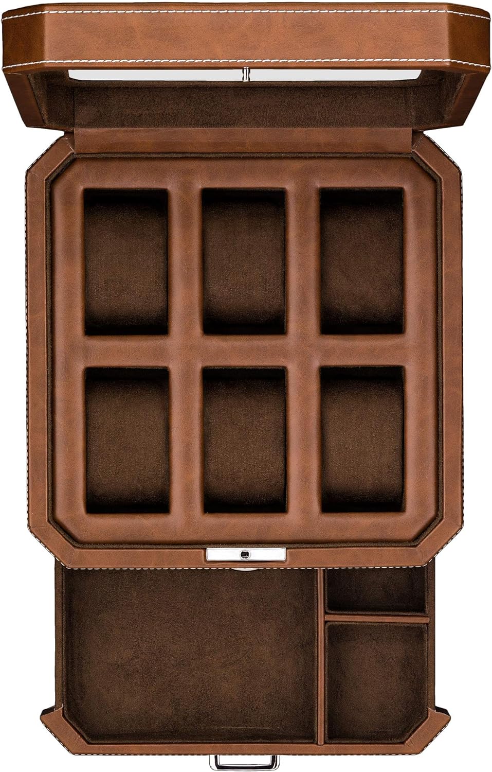 6 Slot Leather Watch Box with Valet Drawer - Luxury Watch Case Display Organizer, Microsuede Liner, Locking Mens Jewelry Watches Holder, Men's Storage Boxes Holder Large Glass Top