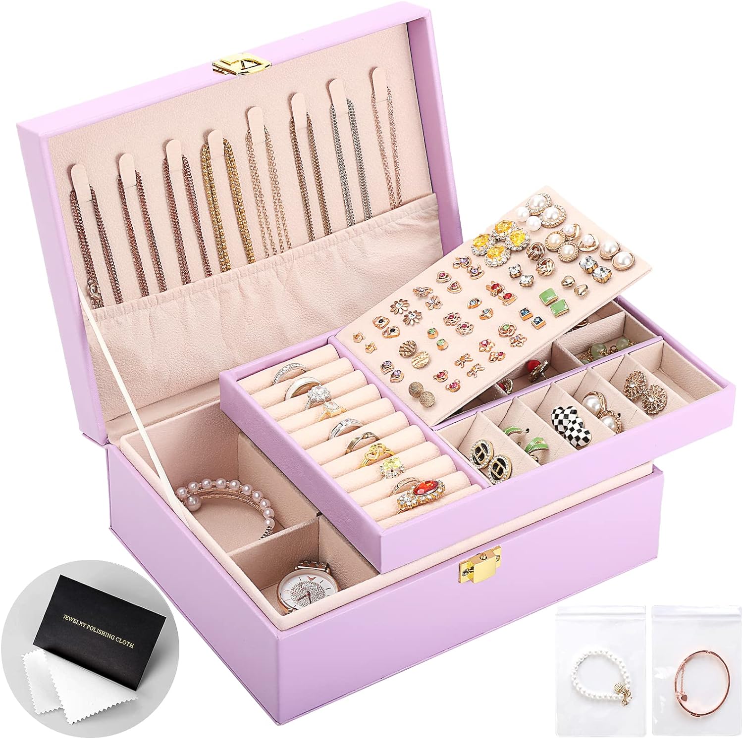 Leather Jewelry Box  Gift Earring Organizer Double Layers Jewelry Case Removable Tray for Necklace Earring Ring