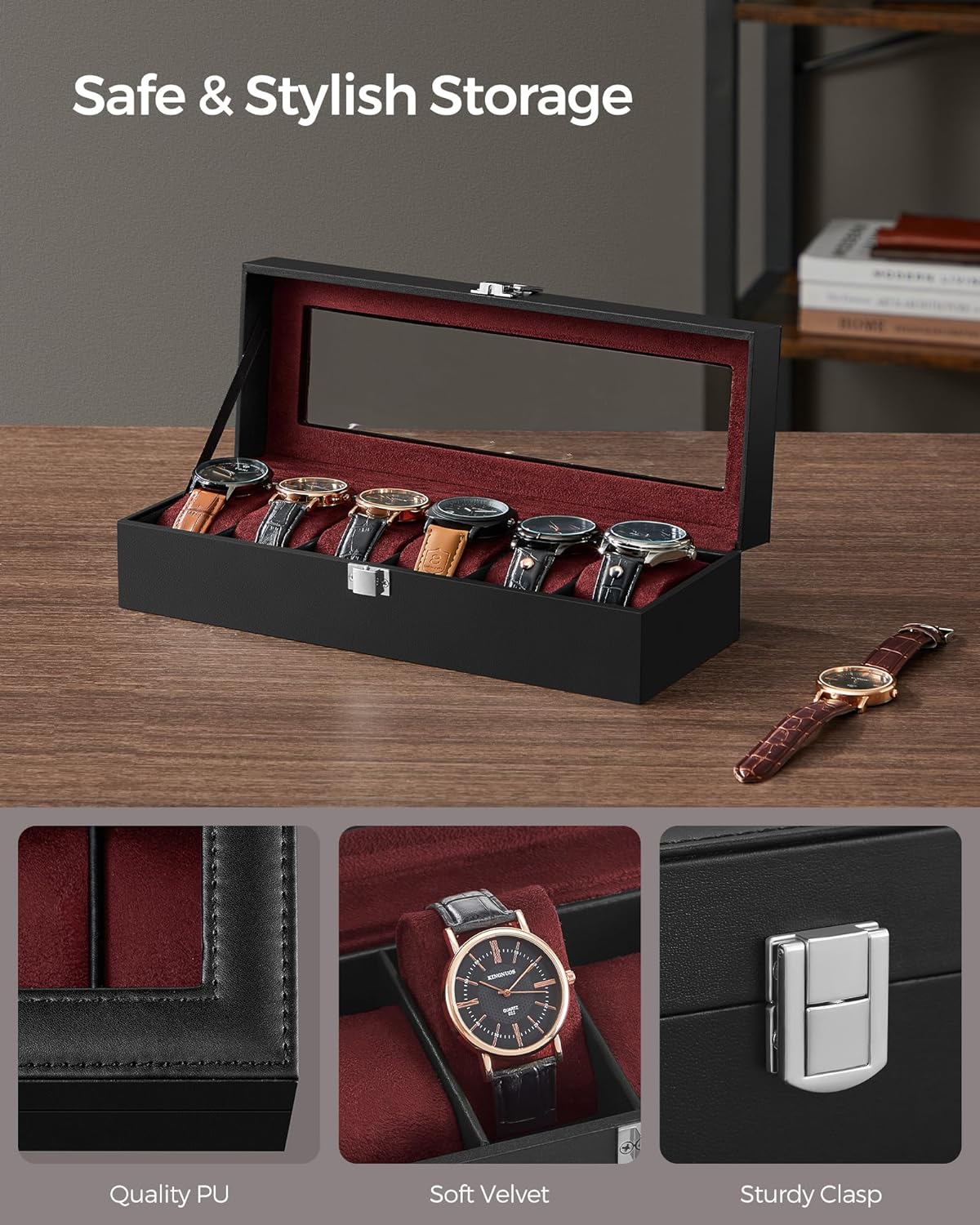 12-Slot Black Synthetic Leather Watch Box with Large Glass Lid and Removable Watch Pillows