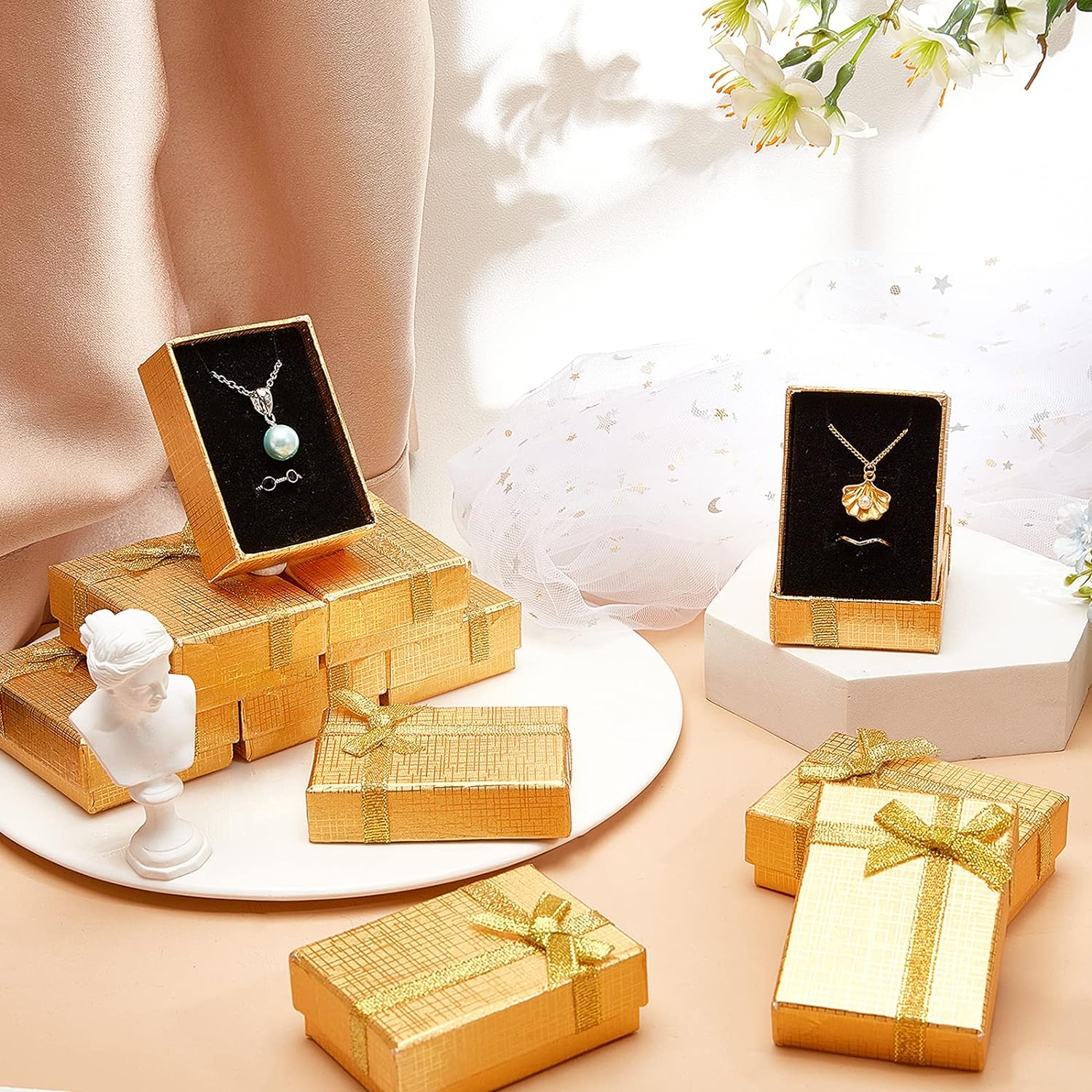 Jewelry Gift Box Set 12Pcs 2.7x2x1 Inch Cardboard Paper Jewelry Boxes Gift Cases with Ribbon Bowknot for Earring Jewelry Rings Pendant Necklaces Bracelet Packaging Box Golden Silver Black