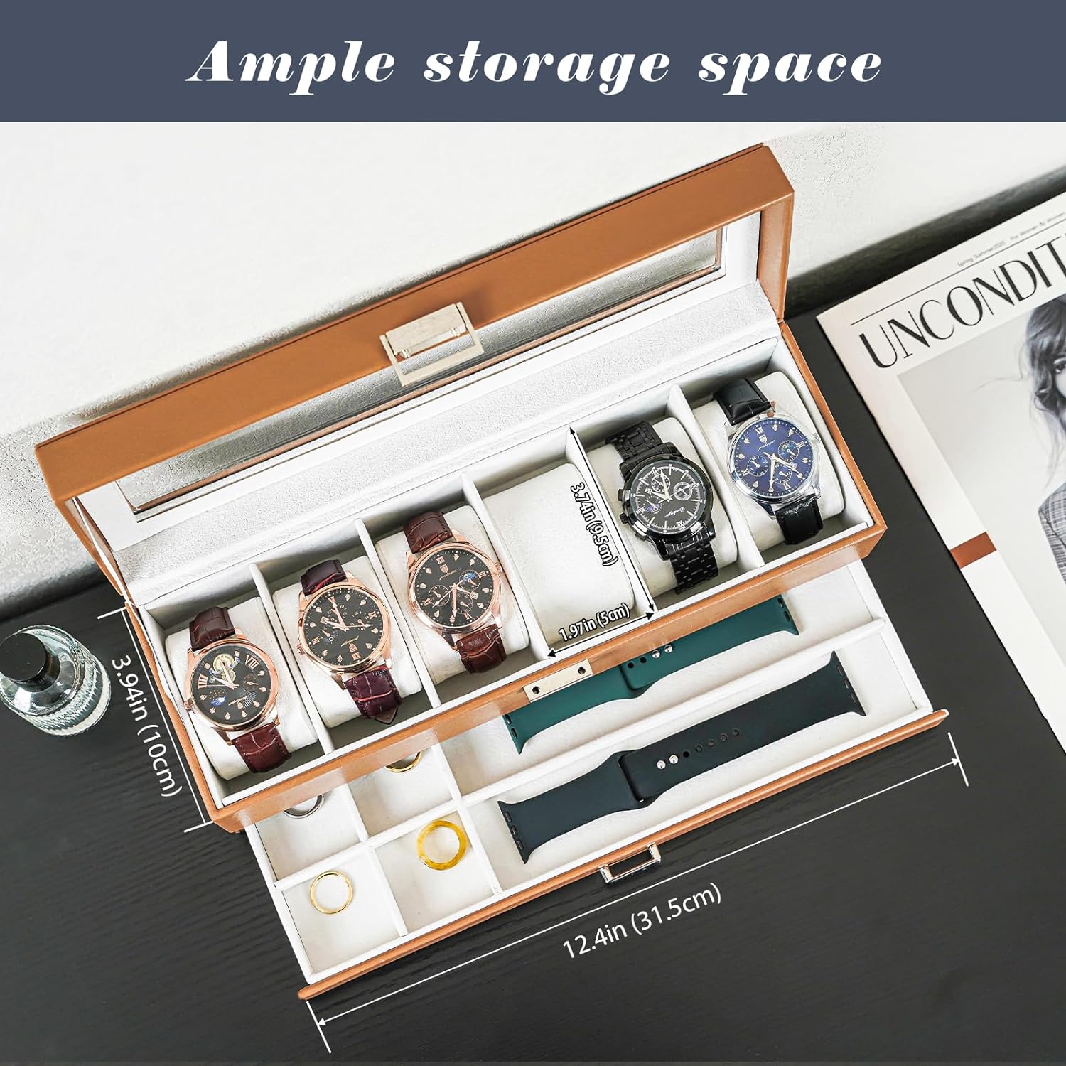 6 Slot Watch Display Case with Drawer, layer Jewelry and Watch Storage Case