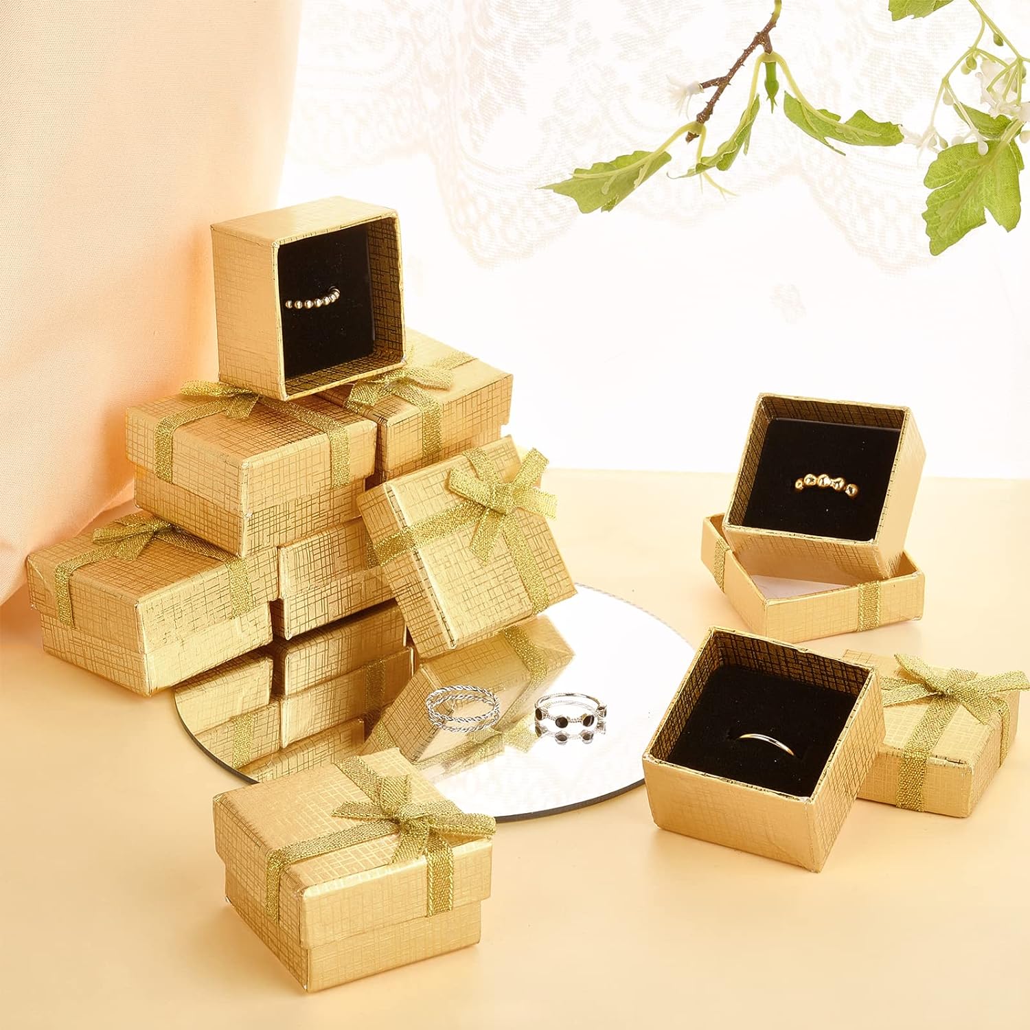 Jewelry Gift Box Set 12Pcs 2.7x2x1 Inch Cardboard Paper Jewelry Boxes Gift Cases with Ribbon Bowknot for Earring Jewelry Rings Pendant Necklaces Bracelet Packaging Box Golden Silver Black