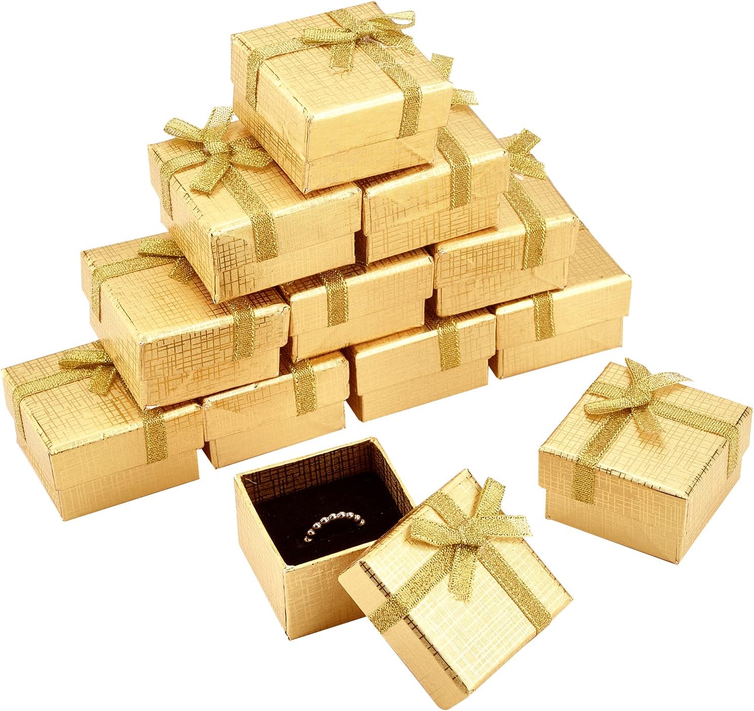 Jewelry Gift Box Set 12Pcs 2.7x2x1 Inch Cardboard Paper Jewelry Boxes Gift Cases with Ribbon Bowknot for Earring Jewelry Rings Pendant Necklaces Bracelet Packaging Box Golden Silver Black