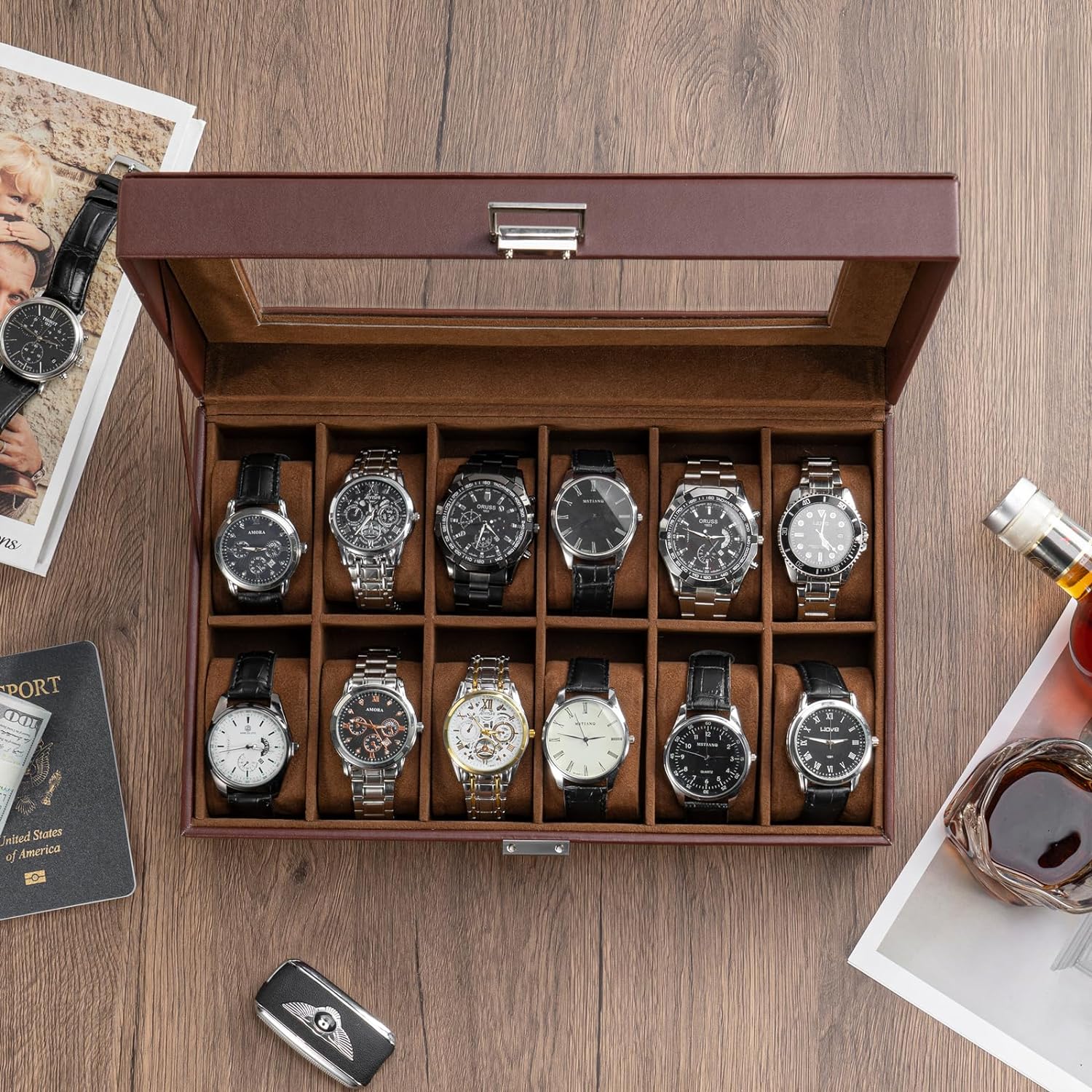 Watch Box for Men, 6 Slot Watch Display Case Mens Watch Box Organizer, PU Leather Watch Cases for Men Watch Storage, Valentines Gift Watch Holder Organizer with Glass Lid -6 Slot,