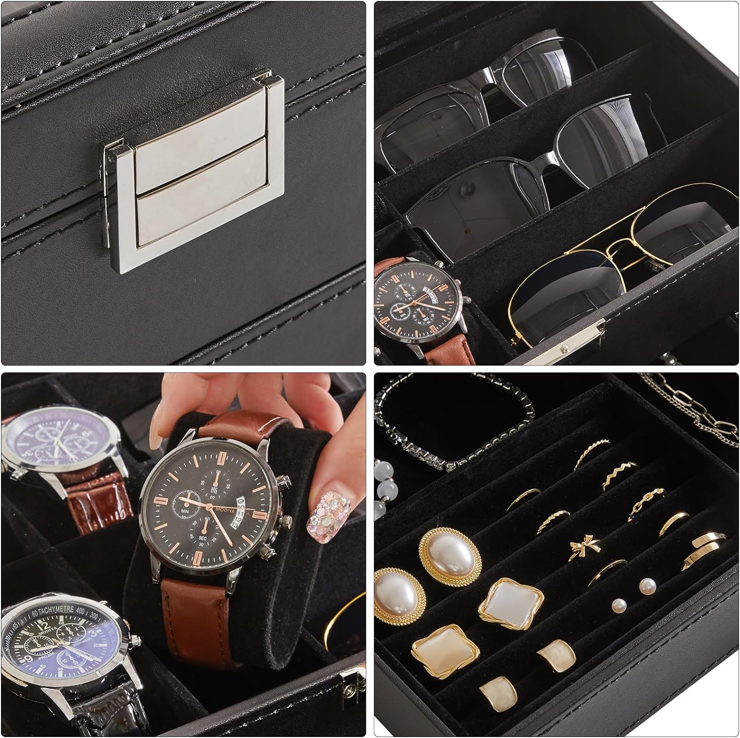 Watch Box 12 Slots PU Leather Watch Case for Men - Jewelry Display Drawer Case with Glass Top,Smooth Velvet Lining