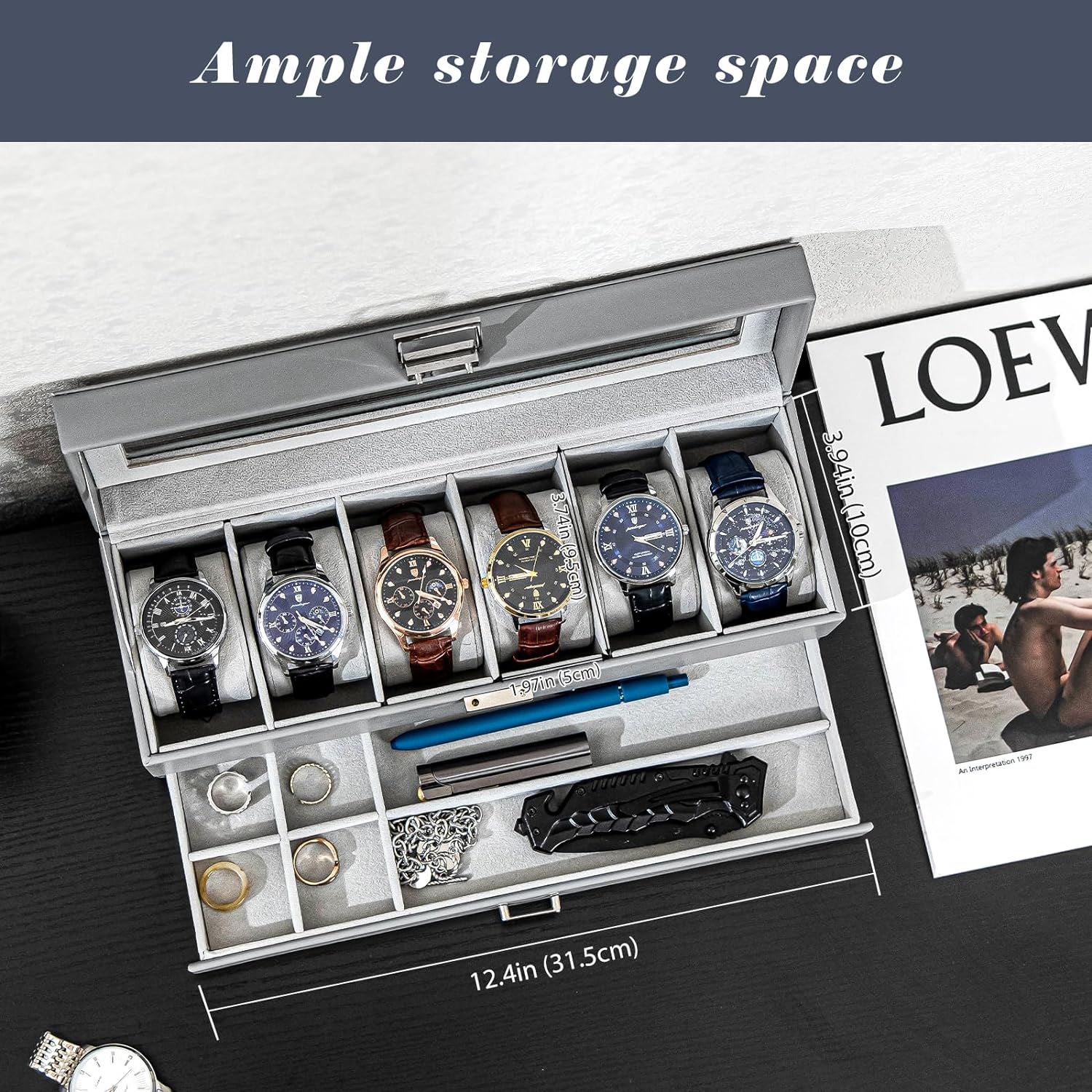 6 Slot Watch Display Case with Drawer, layer Jewelry and Watch Storage Case