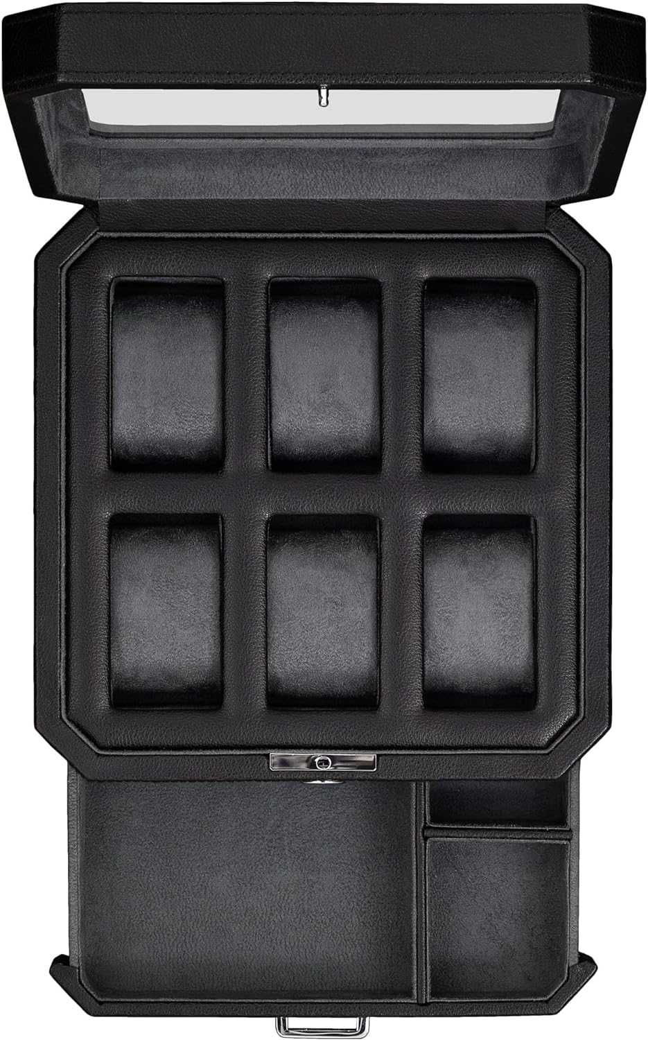 6 Slot Leather Watch Box with Valet Drawer - Luxury Watch Case Display Organizer, Microsuede Liner, Locking Mens Jewelry Watches Holder, Men's Storage Boxes Holder Large Glass Top