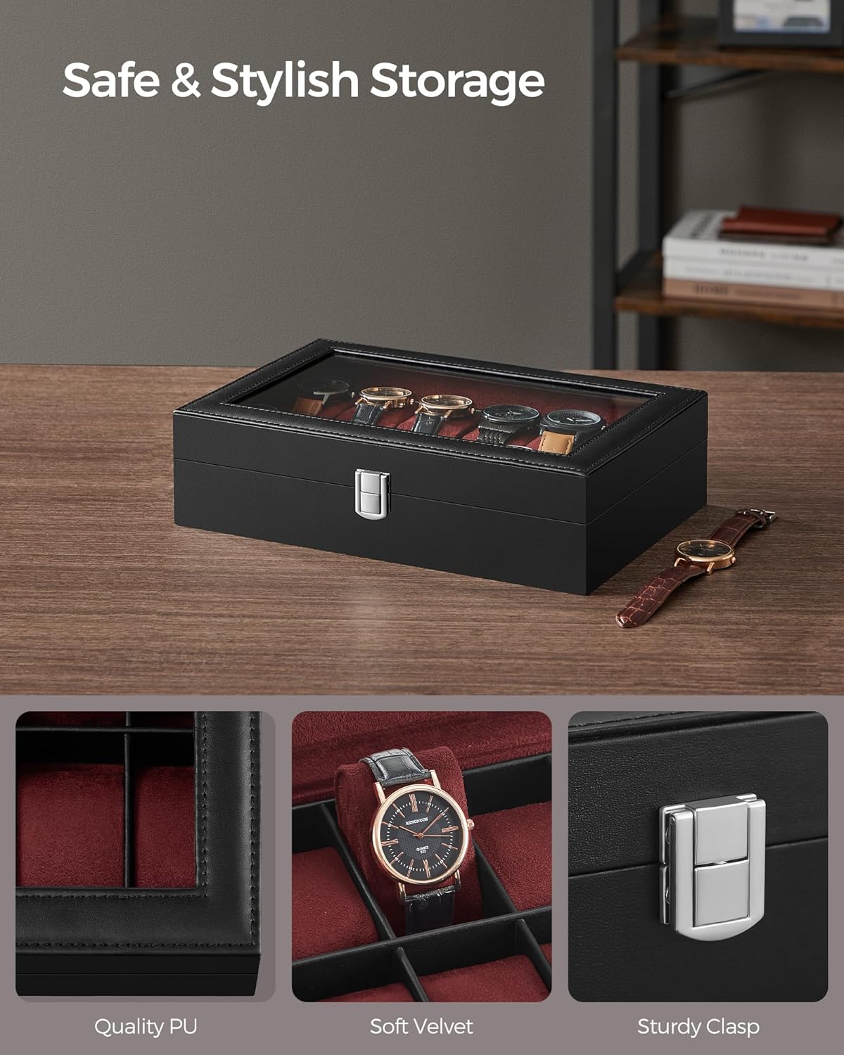 12-Slot Black Synthetic Leather Watch Box with Large Glass Lid and Removable Watch Pillows