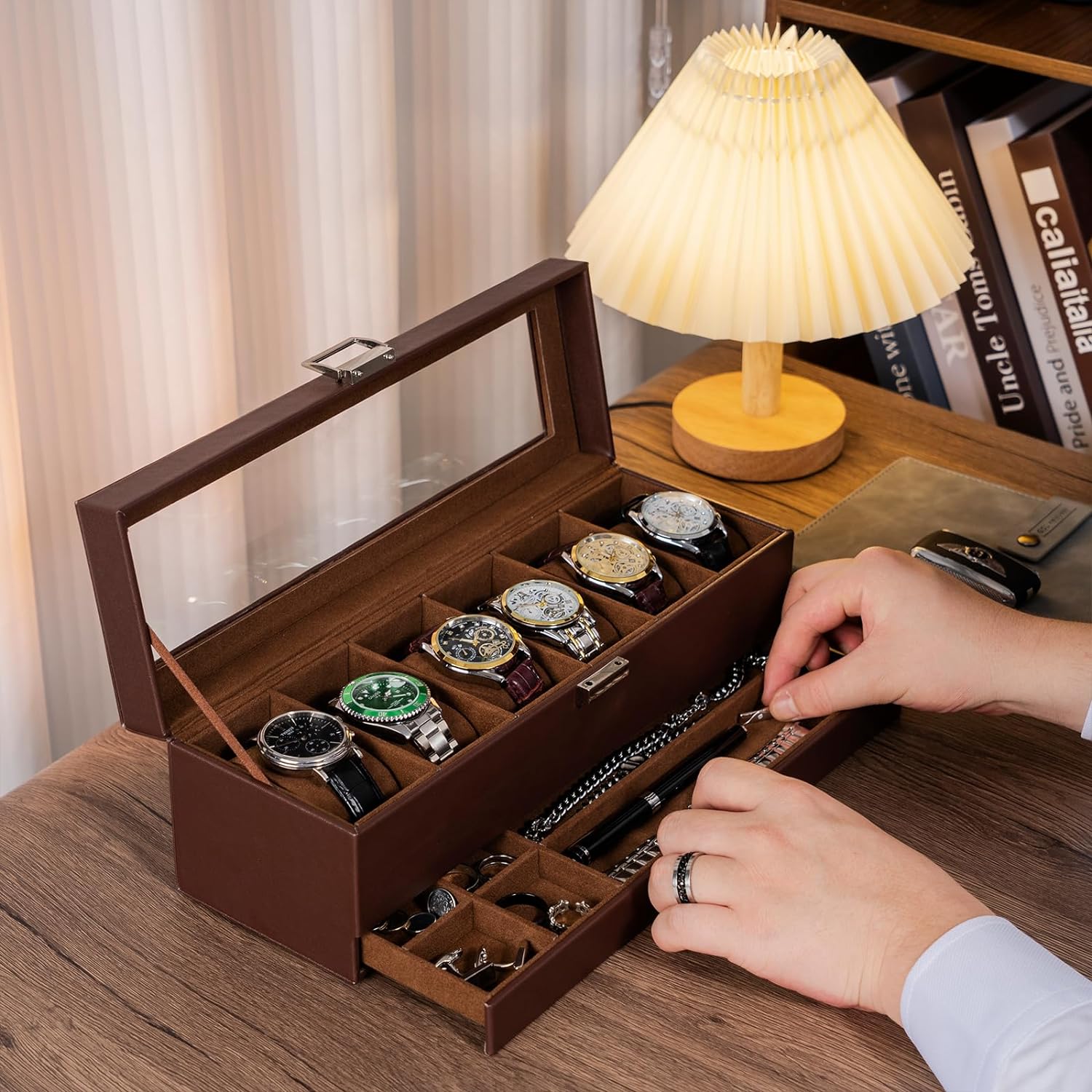 6 Slot Watch Display Case with Drawer, layer Jewelry and Watch Storage Case