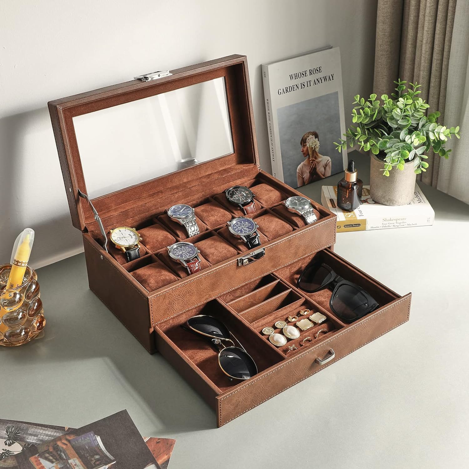 Watch Box 12 Slots PU Leather Watch Case for Men - Jewelry Display Drawer Case with Glass Top,Smooth Velvet Lining