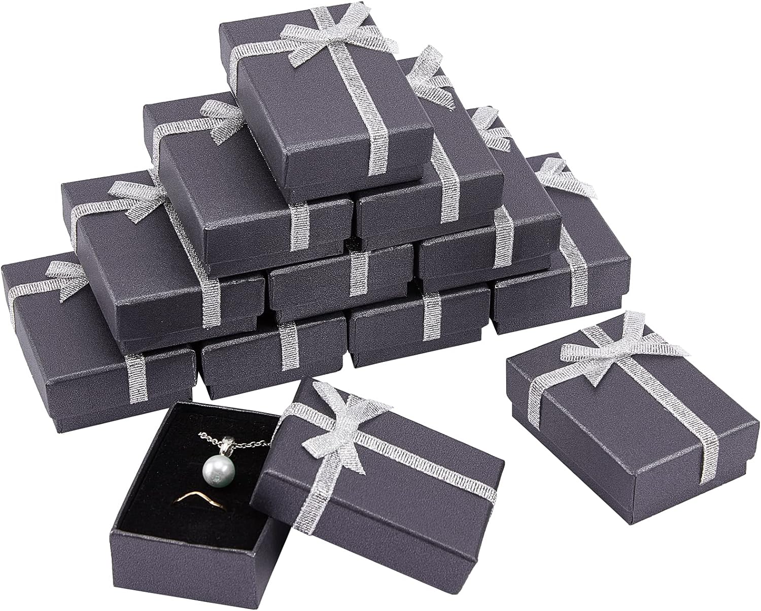 Jewelry Gift Box Set 12Pcs 2.7x2x1 Inch Cardboard Paper Jewelry Boxes Gift Cases with Ribbon Bowknot for Earring Jewelry Rings Pendant Necklaces Bracelet Packaging Box Golden Silver Black