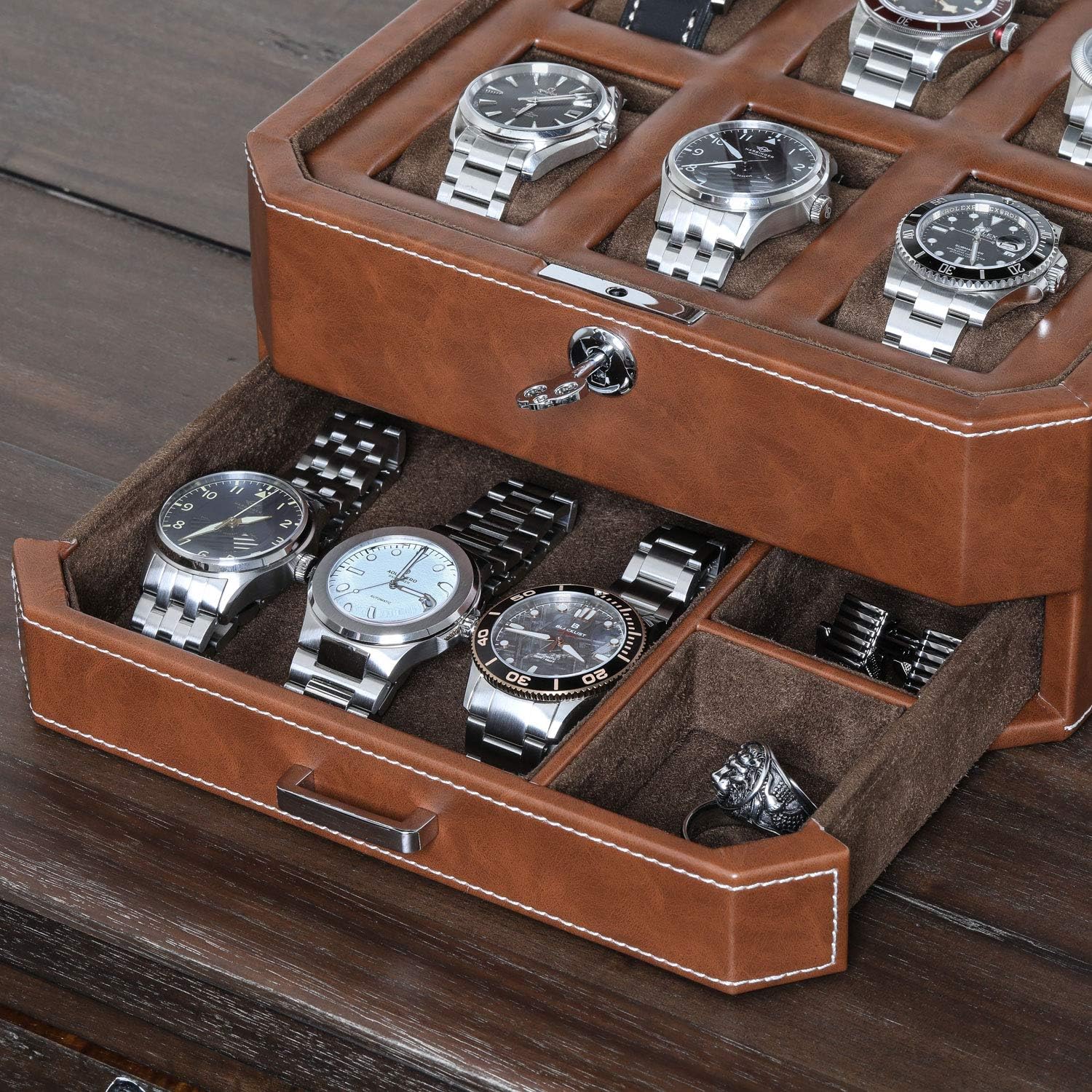 6 Slot Leather Watch Box with Valet Drawer - Luxury Watch Case Display Organizer, Microsuede Liner, Locking Mens Jewelry Watches Holder, Men's Storage Boxes Holder Large Glass Top