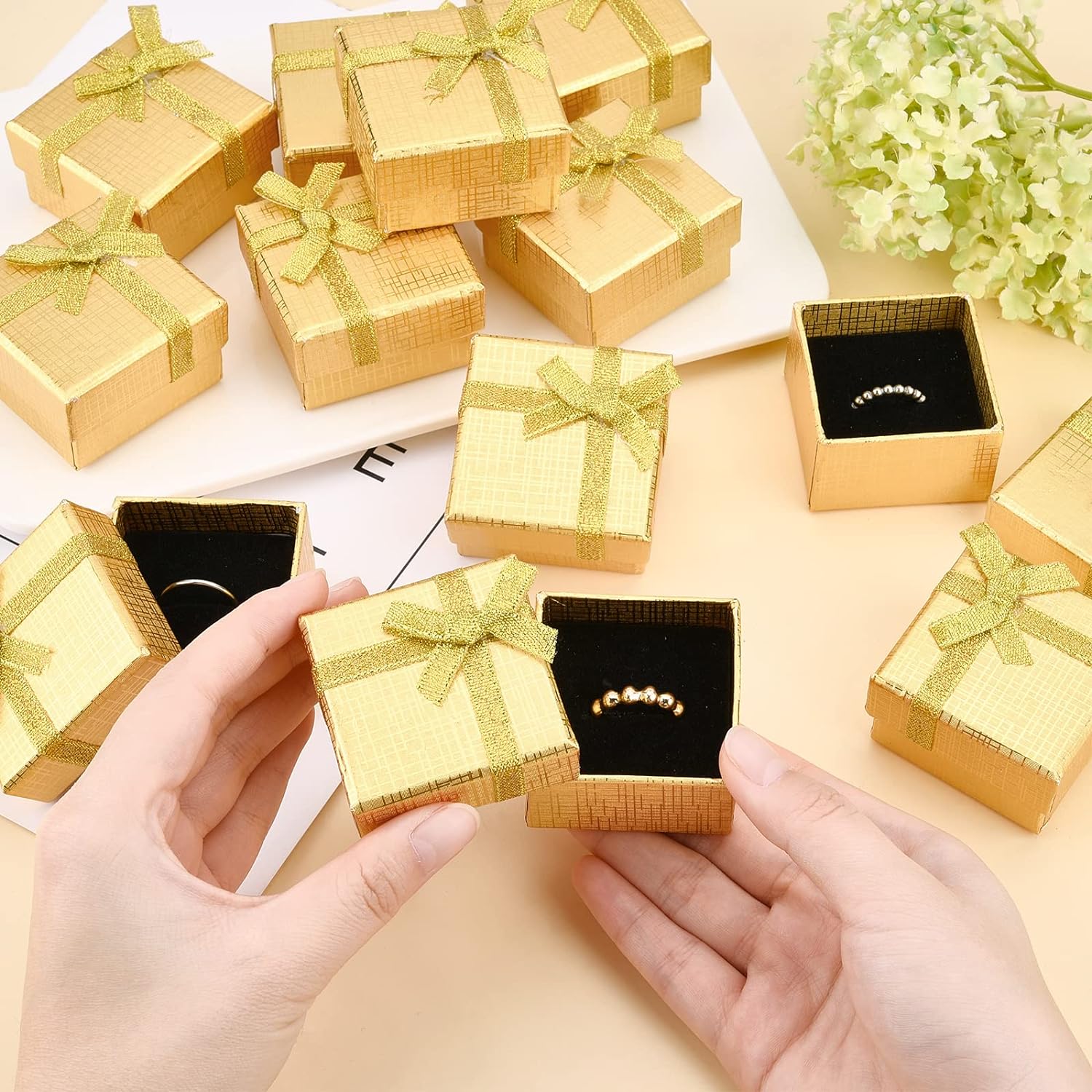 Jewelry Gift Box Set 12Pcs 2.7x2x1 Inch Cardboard Paper Jewelry Boxes Gift Cases with Ribbon Bowknot for Earring Jewelry Rings Pendant Necklaces Bracelet Packaging Box Golden Silver Black