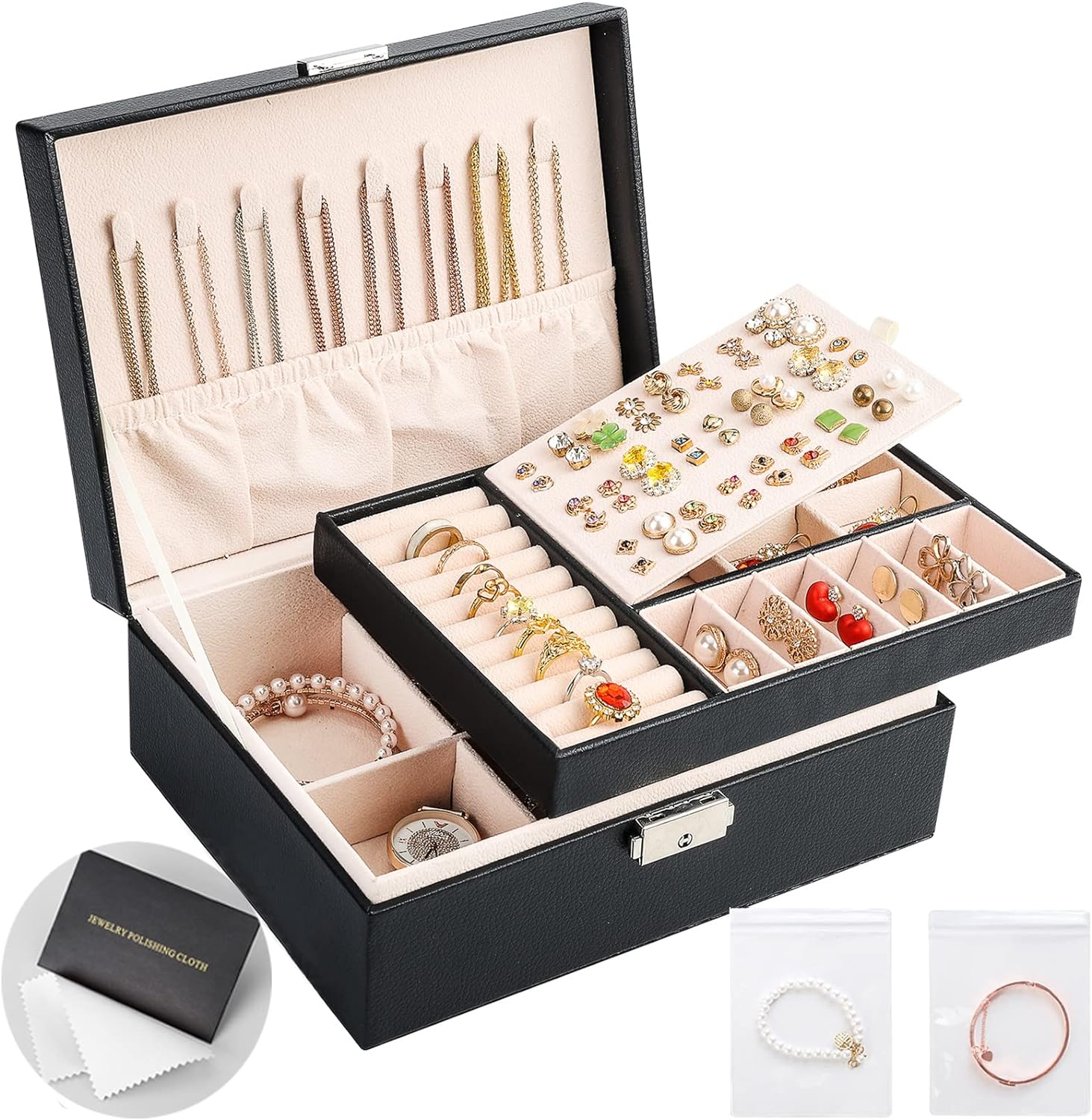 Leather Jewelry Box  Gift Earring Organizer Double Layers Jewelry Case Removable Tray for Necklace Earring Ring