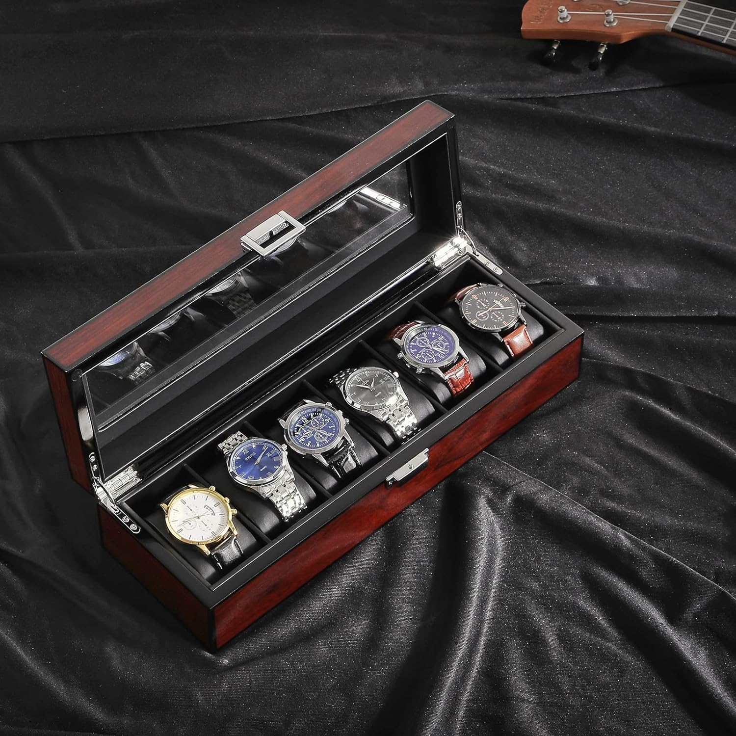 Watch Box 12 Slots PU Leather Watch Case for Men - Jewelry Display Drawer Case with Glass Top,Smooth Velvet Lining