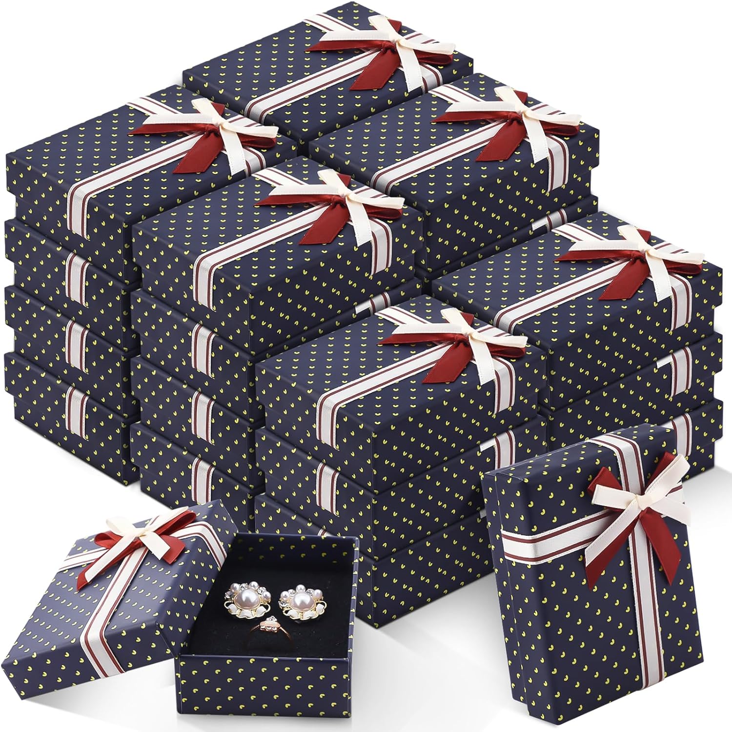 Jewelry Gift Boxes with Lids Cardboard Jewelry Boxes with Wave Point Ribbon Bows Bulk Cushion Packaging Box for Ring Necklace Pendants Earring Watches, 3.5x 2.8 x 1.2 Inches