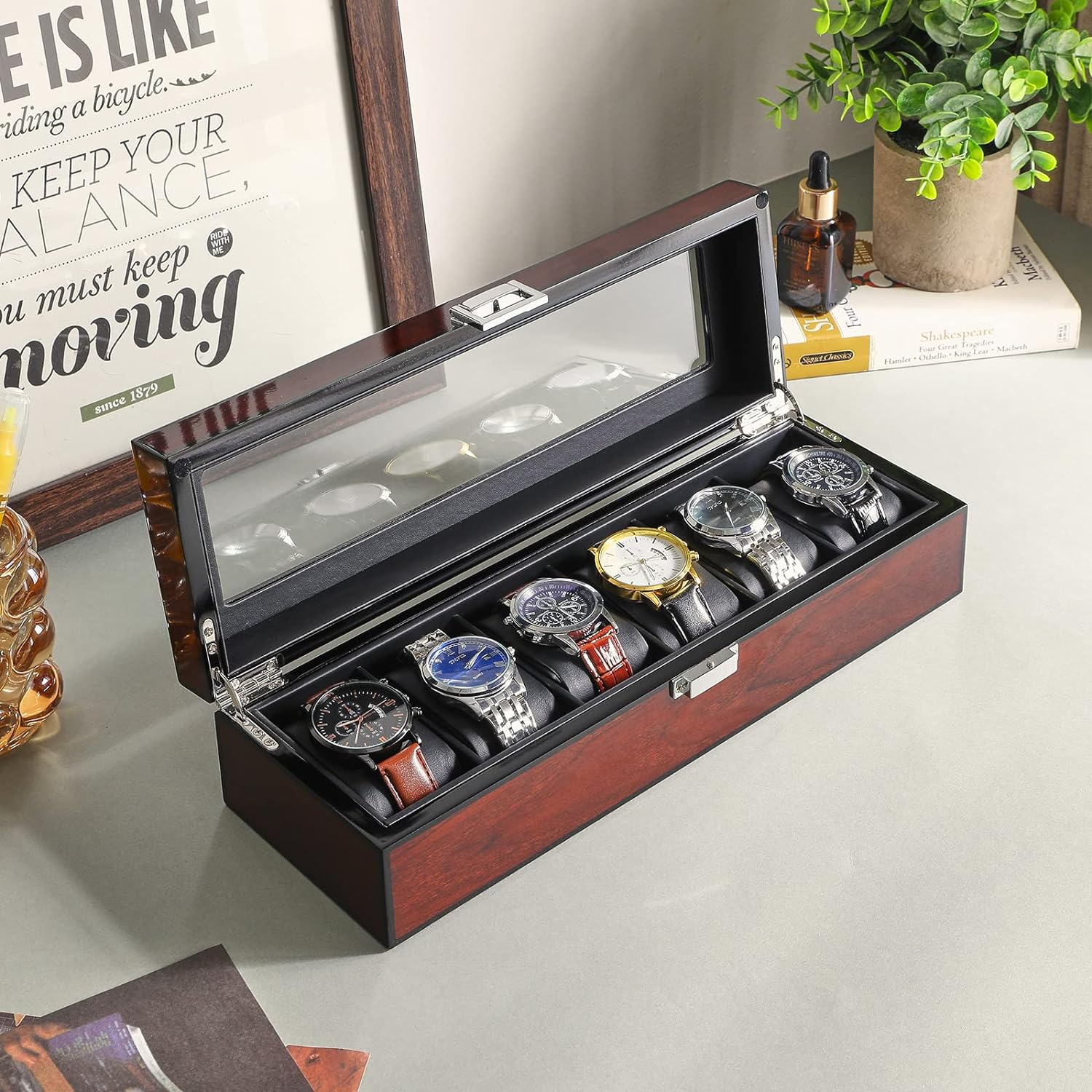 Watch Box 12 Slots PU Leather Watch Case for Men - Jewelry Display Drawer Case with Glass Top,Smooth Velvet Lining