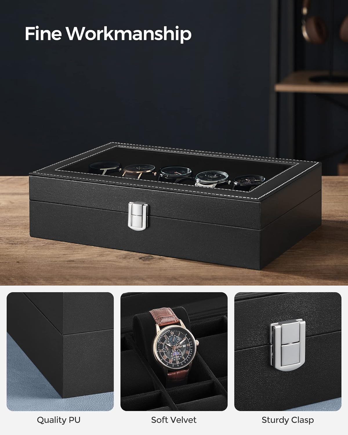 12-Slot Black Synthetic Leather Watch Box with Large Glass Lid and Removable Watch Pillows