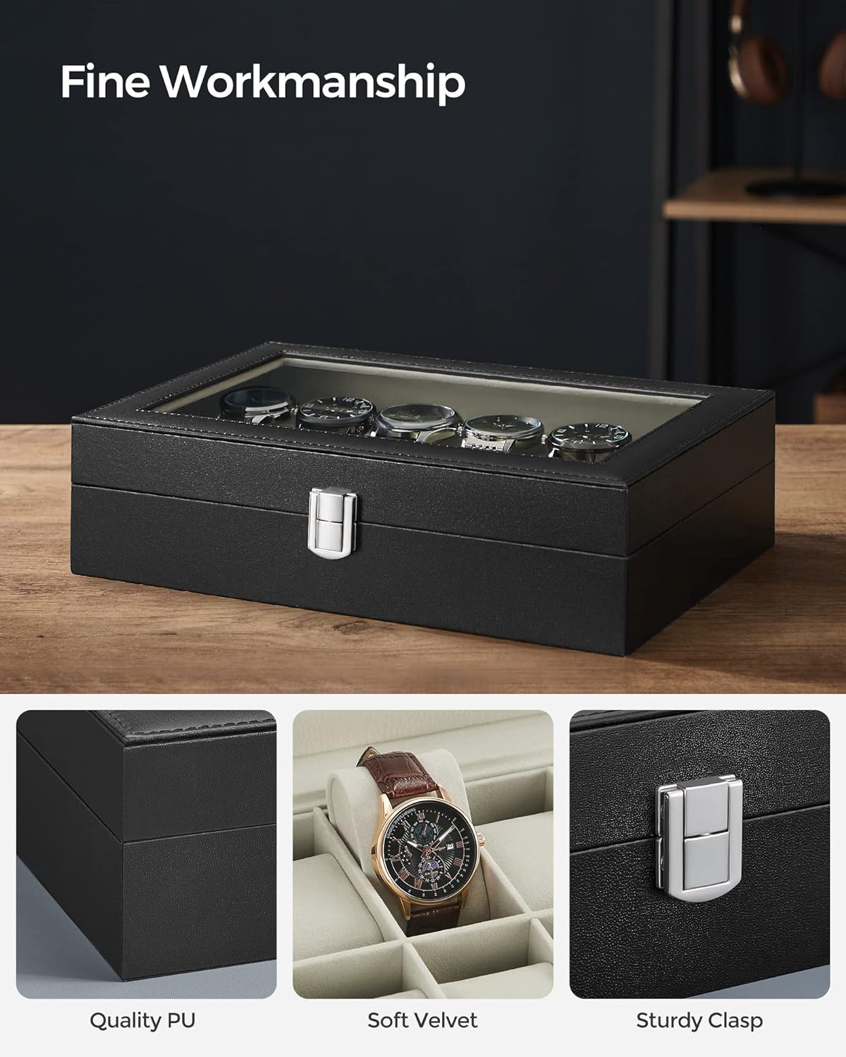 12-Slot Black Synthetic Leather Watch Box with Large Glass Lid and Removable Watch Pillows