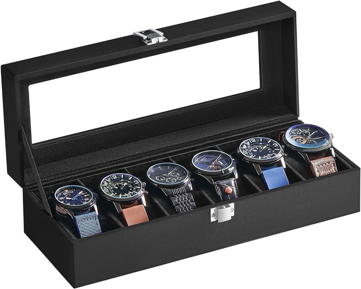 12-Slot Black Synthetic Leather Watch Box with Large Glass Lid and Removable Watch Pillows