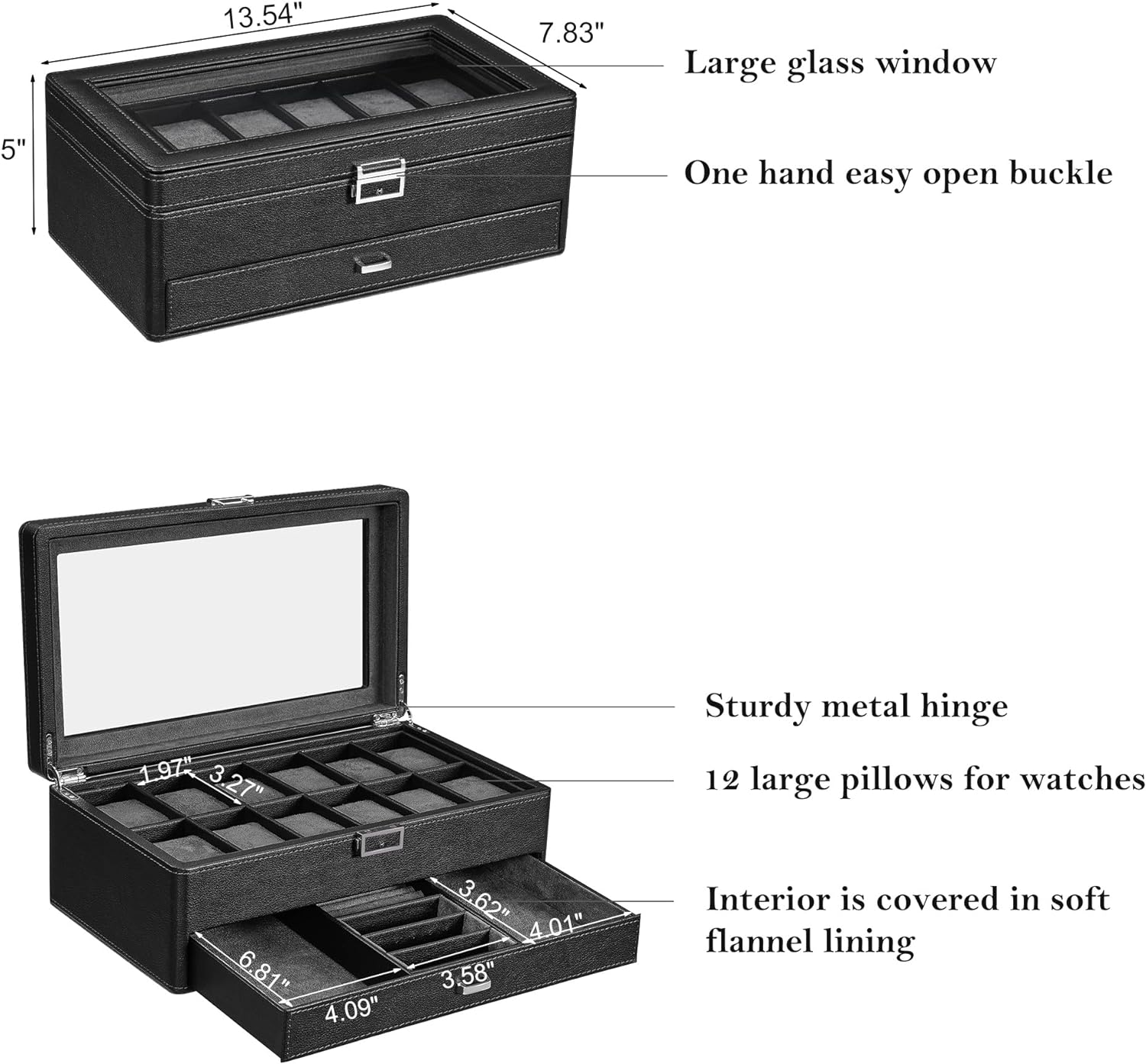 Watch Box Organizer with Valet Drawer - Real Glass Top, Adjustable Tray, Metal Hinge, Carbon Fiber Design - 12 Slots Watch Storage Case for Men