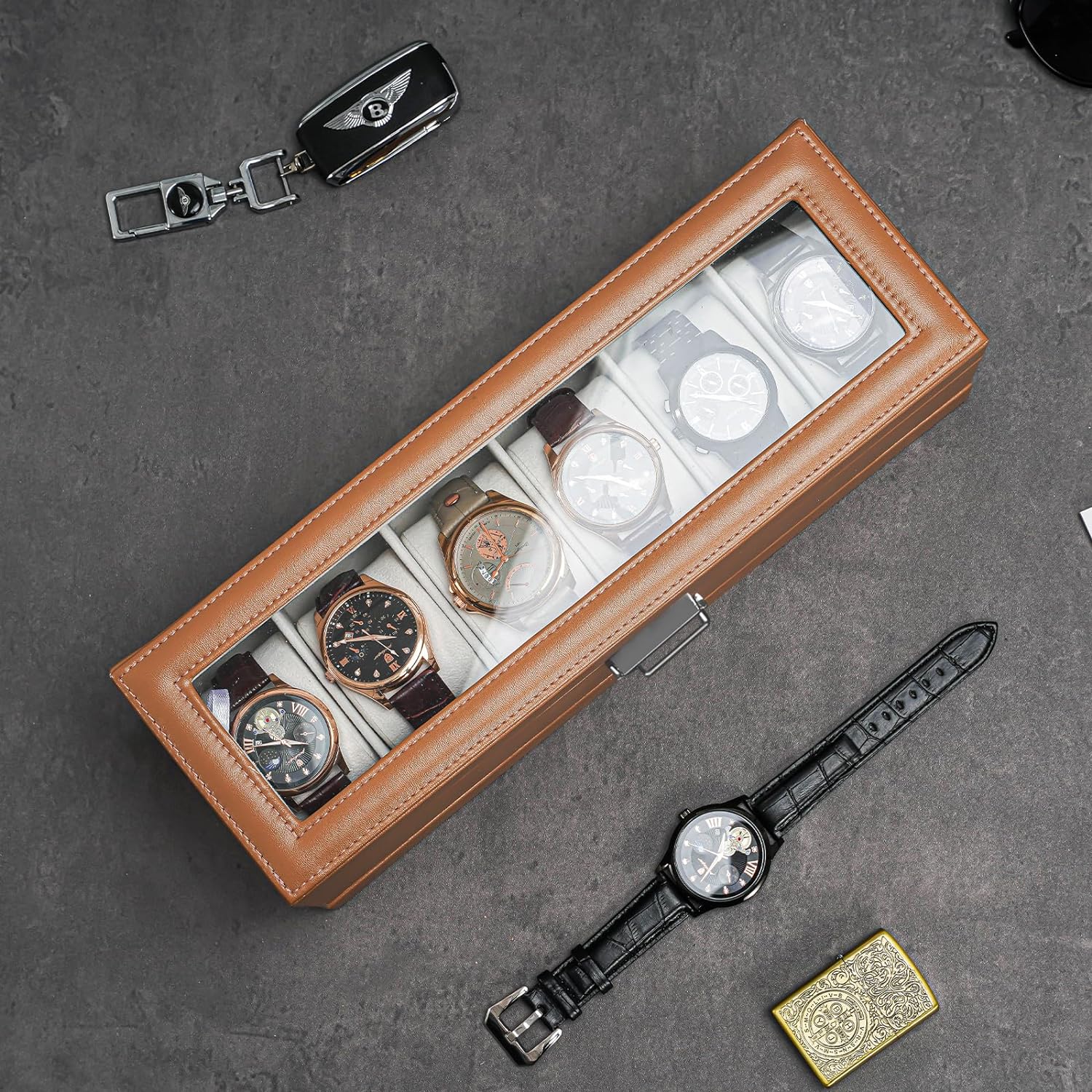 6 Slot Watch Display Case with Drawer, layer Jewelry and Watch Storage Case